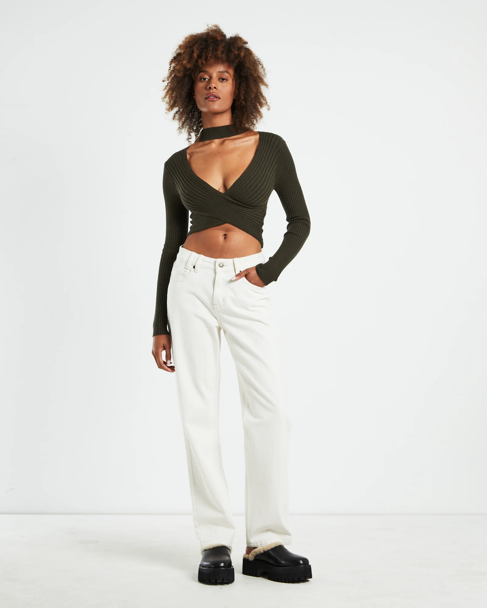 Amelia Choker Long Sleeve Top Khaki Green - Image 3
