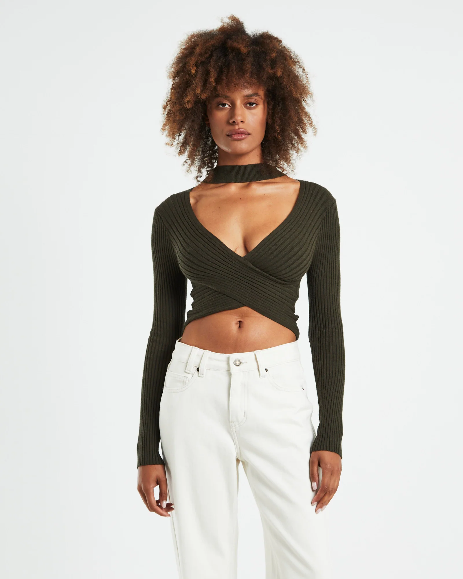 Amelia Choker Long Sleeve Top Khaki Green - Image 5