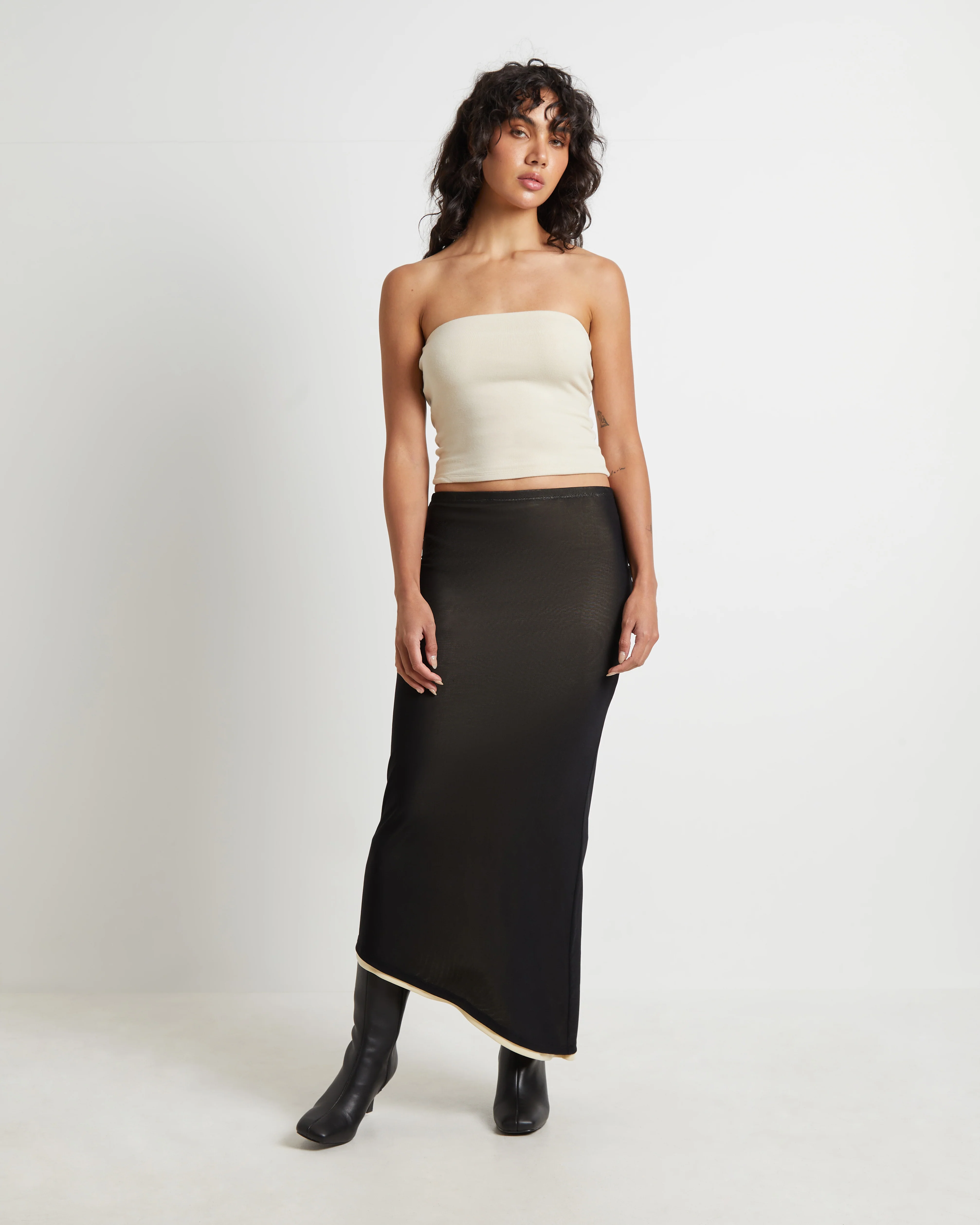 Amerie Asymmetric Hem Contrast Mesh Midi Skirt in Black - Image 3