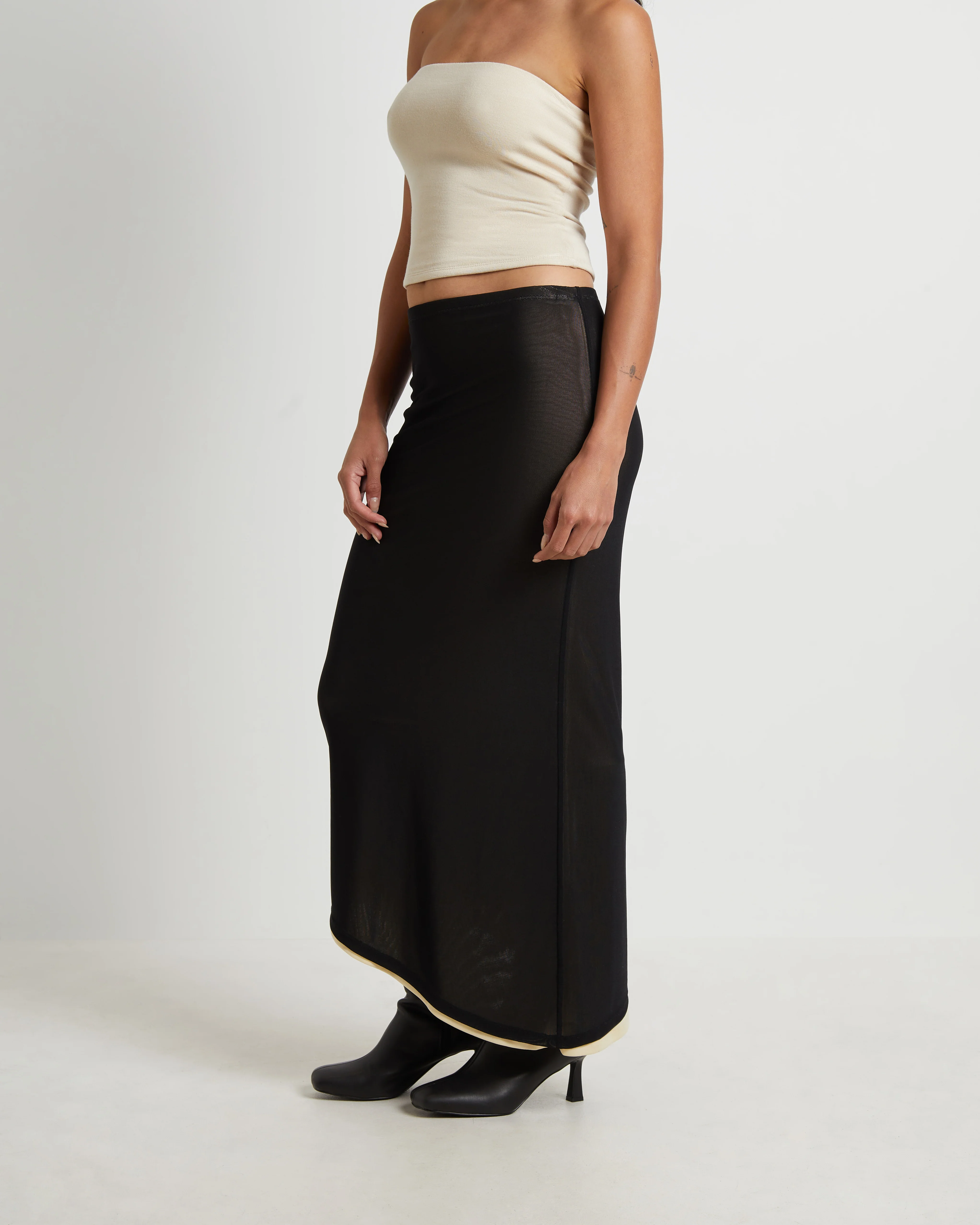 Amerie Asymmetric Hem Contrast Mesh Midi Skirt in Black - Image 4