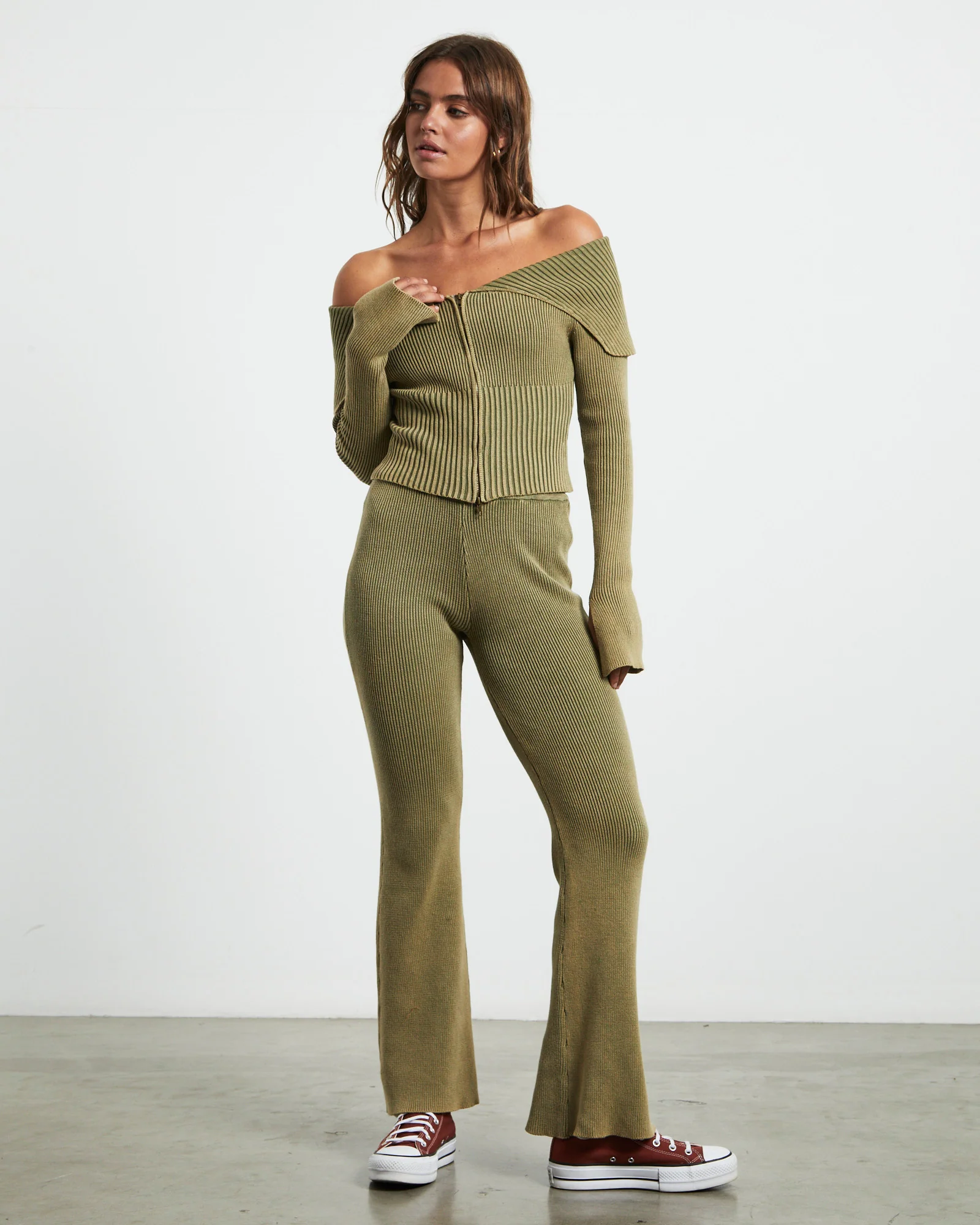 Angelique Acid Wash Rib Soft Flare Pant in Khaki - Image 3