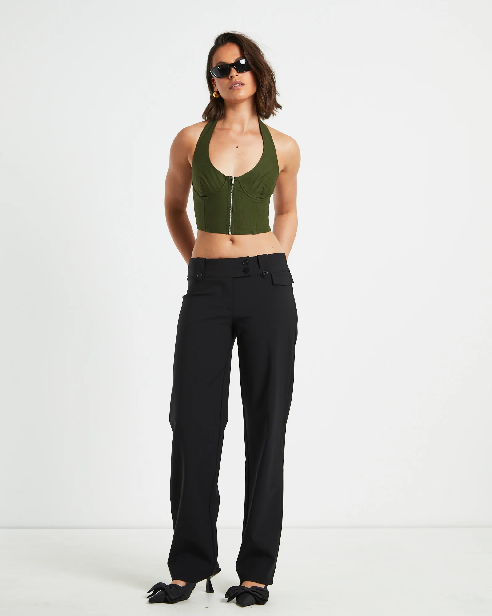 Athena Zip Front Halter Neck Corset in Khaki Green - Image 3