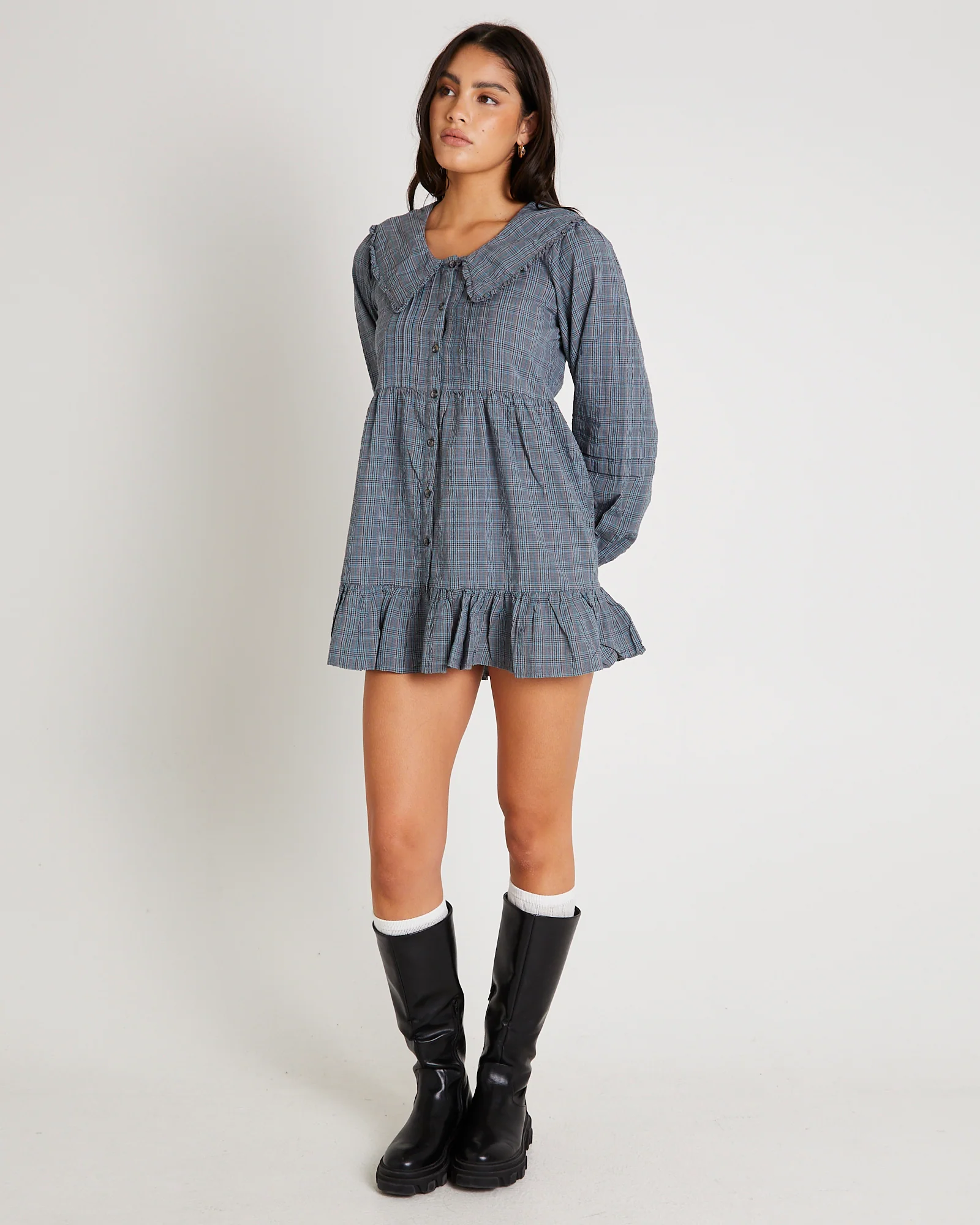 BDG Check Collar Long Sleeve Mini Dress - Image 3
