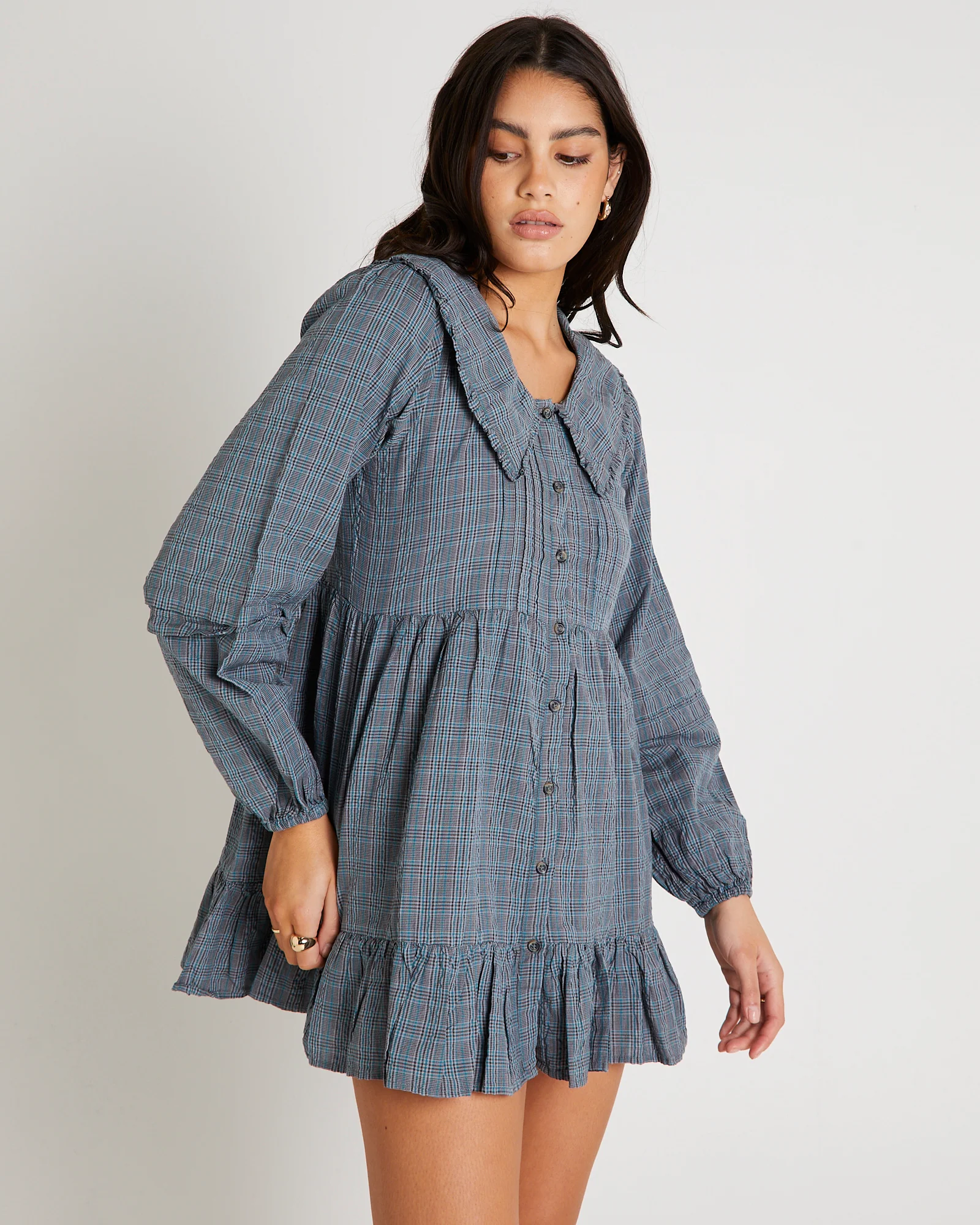 BDG Check Collar Long Sleeve Mini Dress - Image 5