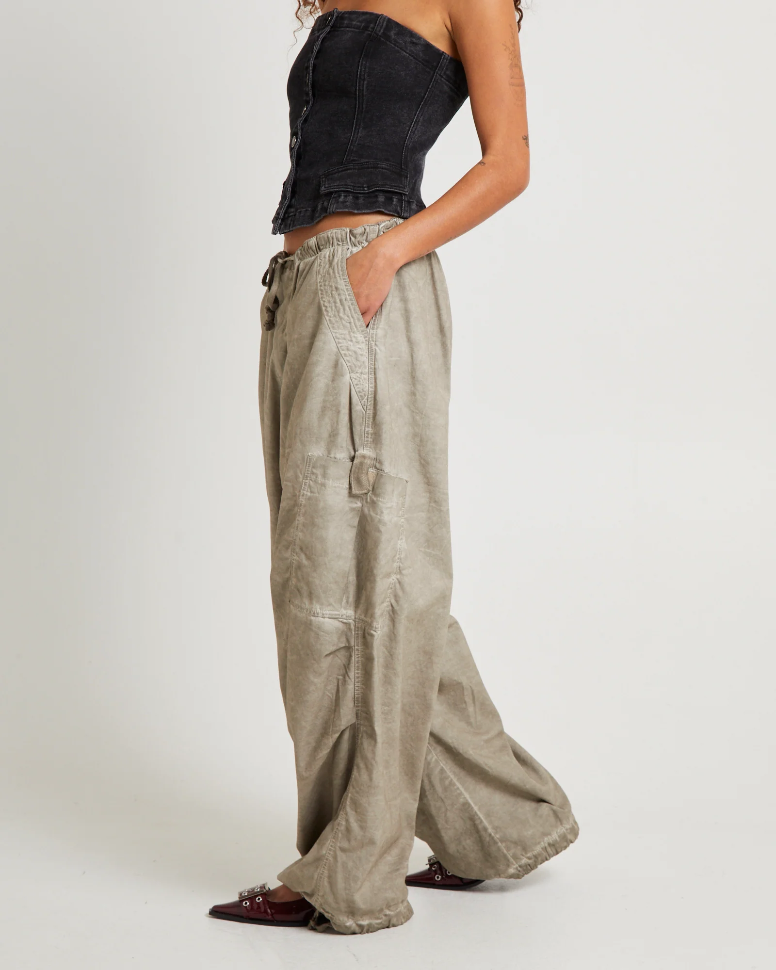 Beige Oil Wash Parachute Pants - Image 4