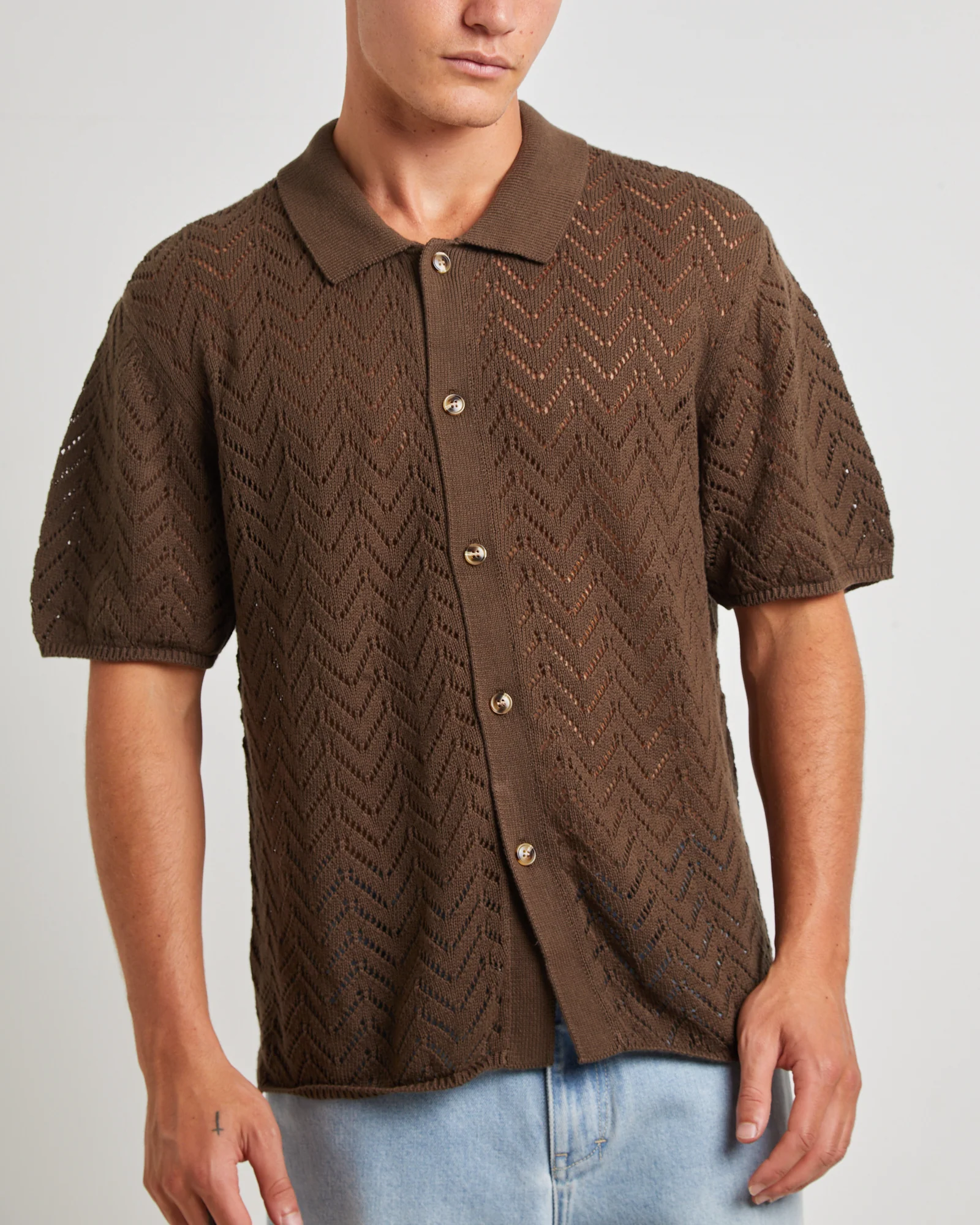 Blaxland Knit Short Sleeve Shirt in Brown - Image 5