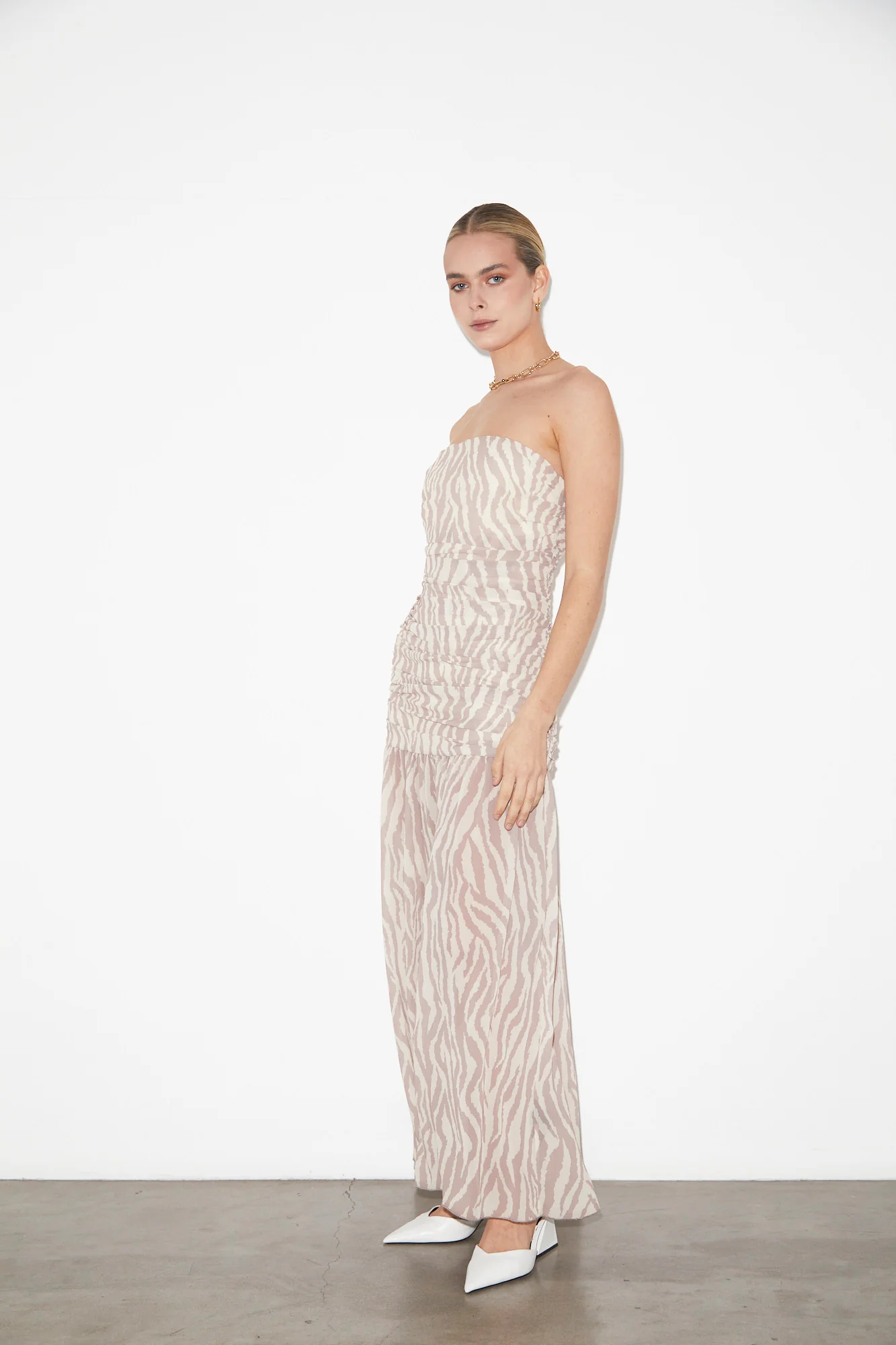 Cassie Ruched Low Strapless Dress in Beige - Image 2