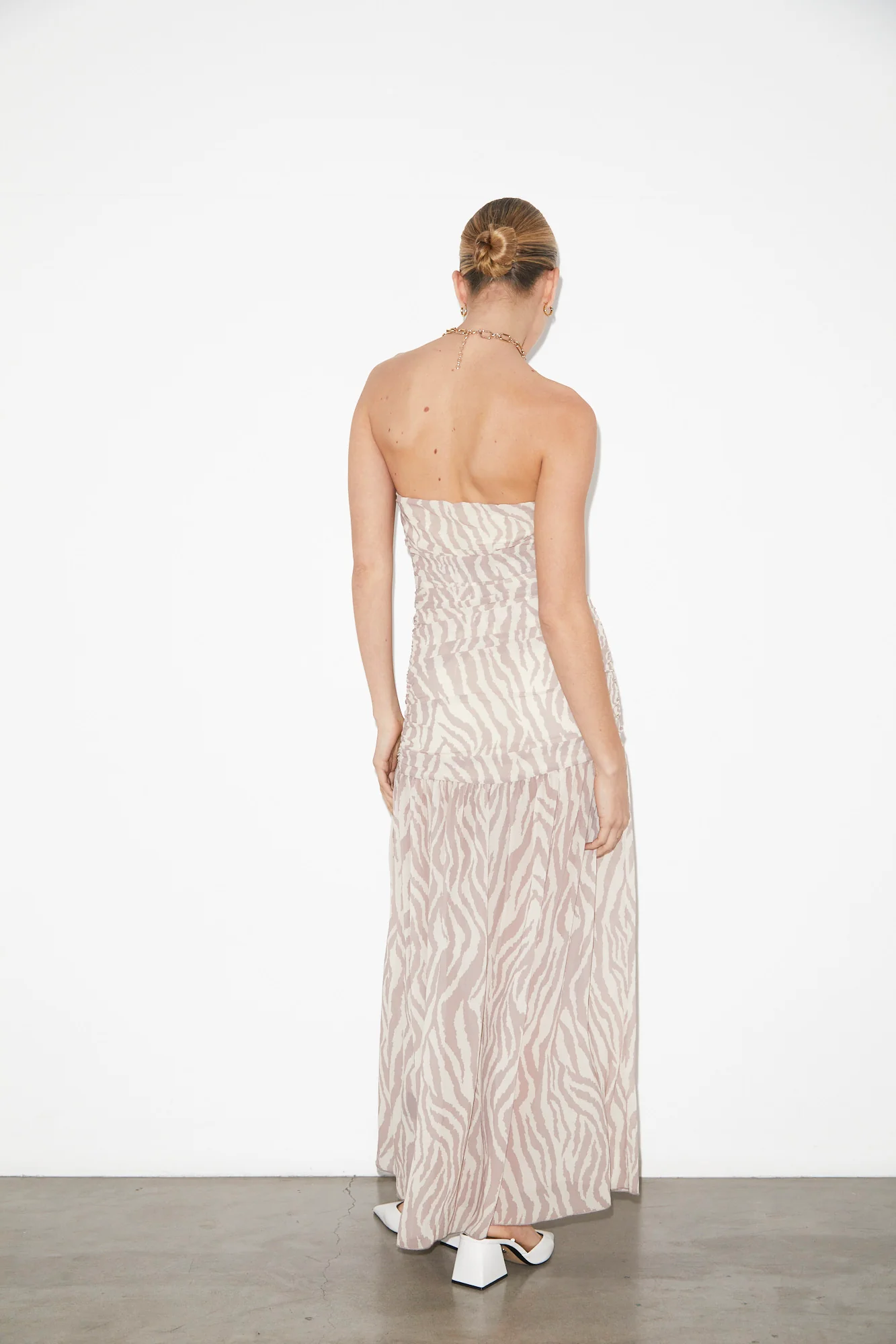 Cassie Ruched Low Strapless Dress in Beige - Image 3