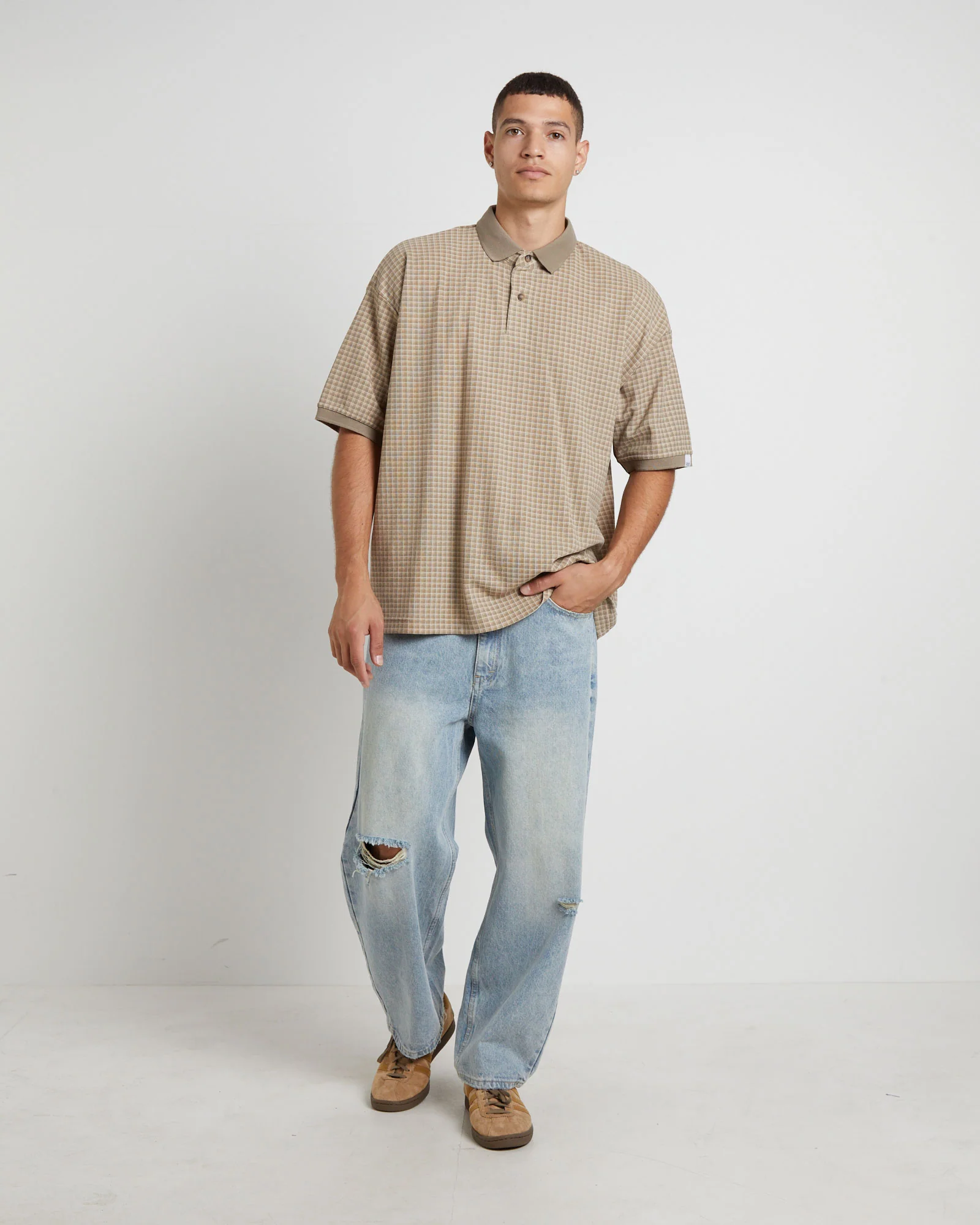 Check Short Sleeve Polo in Brown - Image 3