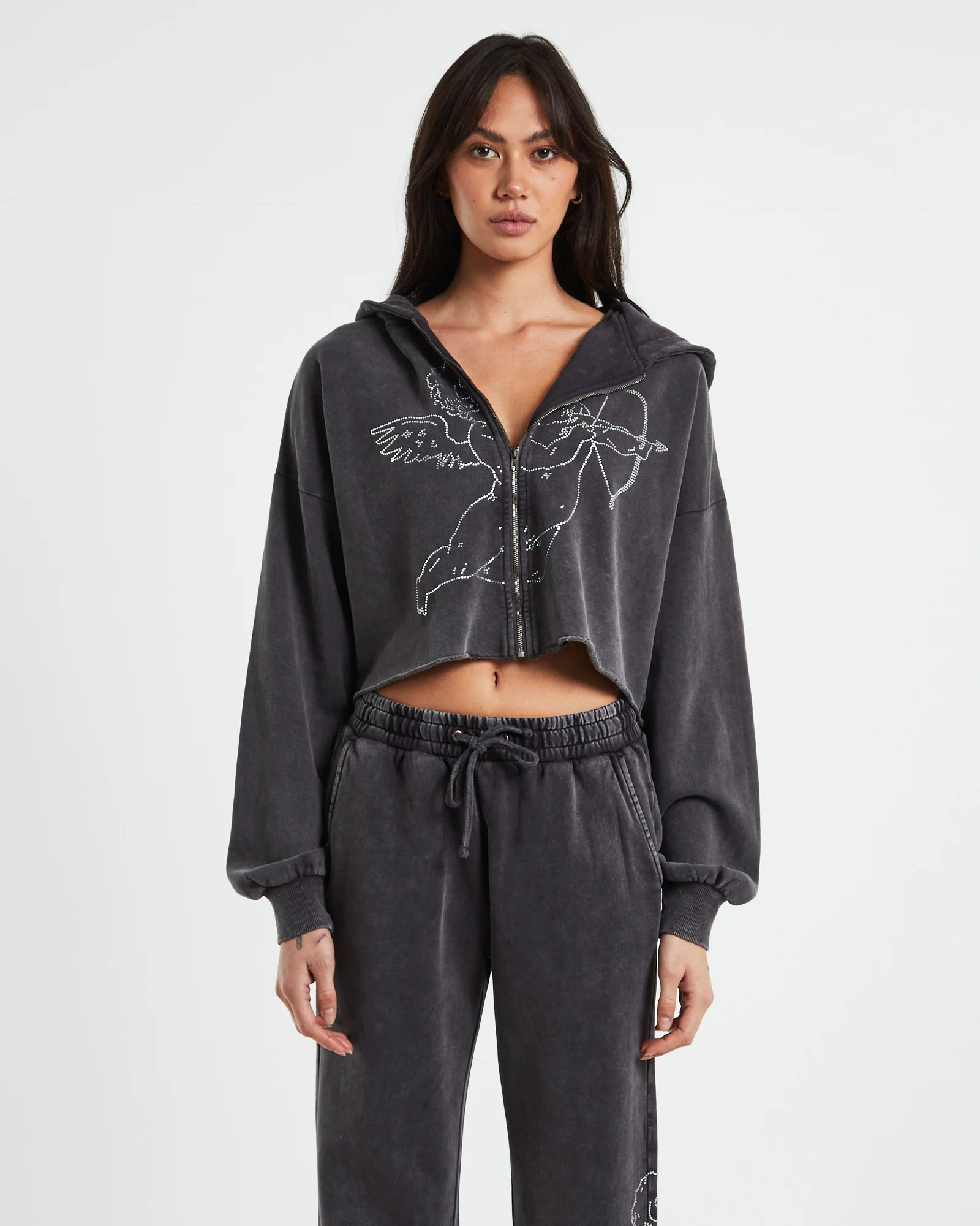 Cherub Acid Wash Zip Front Hoodie Charcoal - Image 5