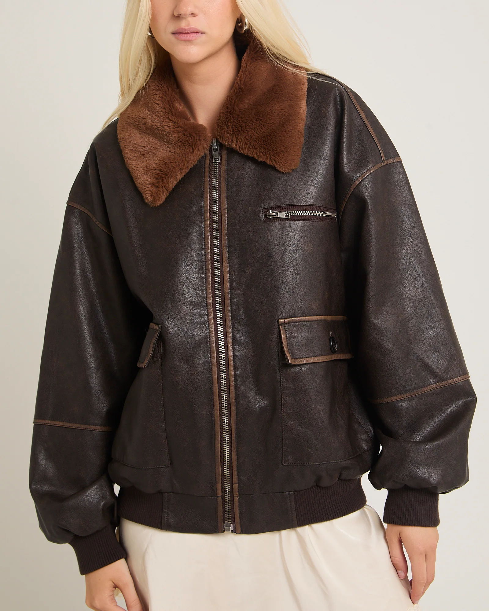 Cody Fur Trim Distressed PU Jacket - Image 8