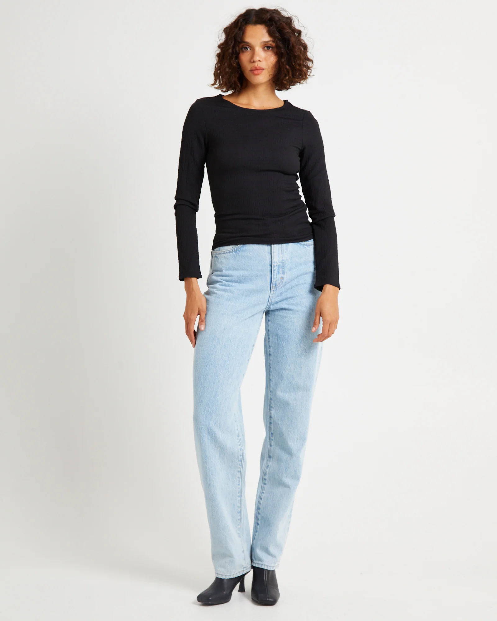 Crinkle Long Sleeve Top Black - Image 3