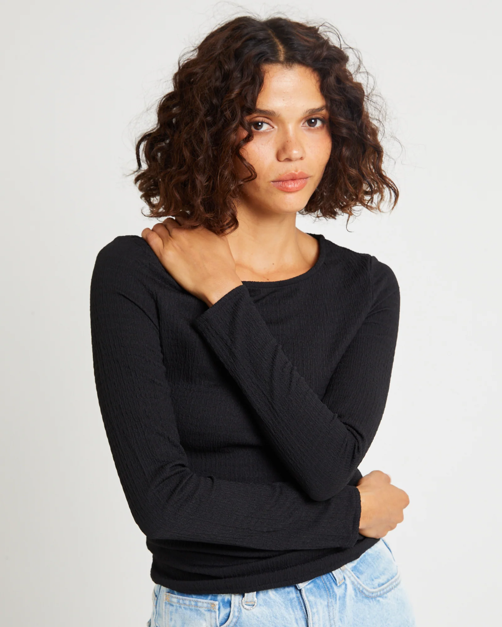 Crinkle Long Sleeve Top Black - Image 5