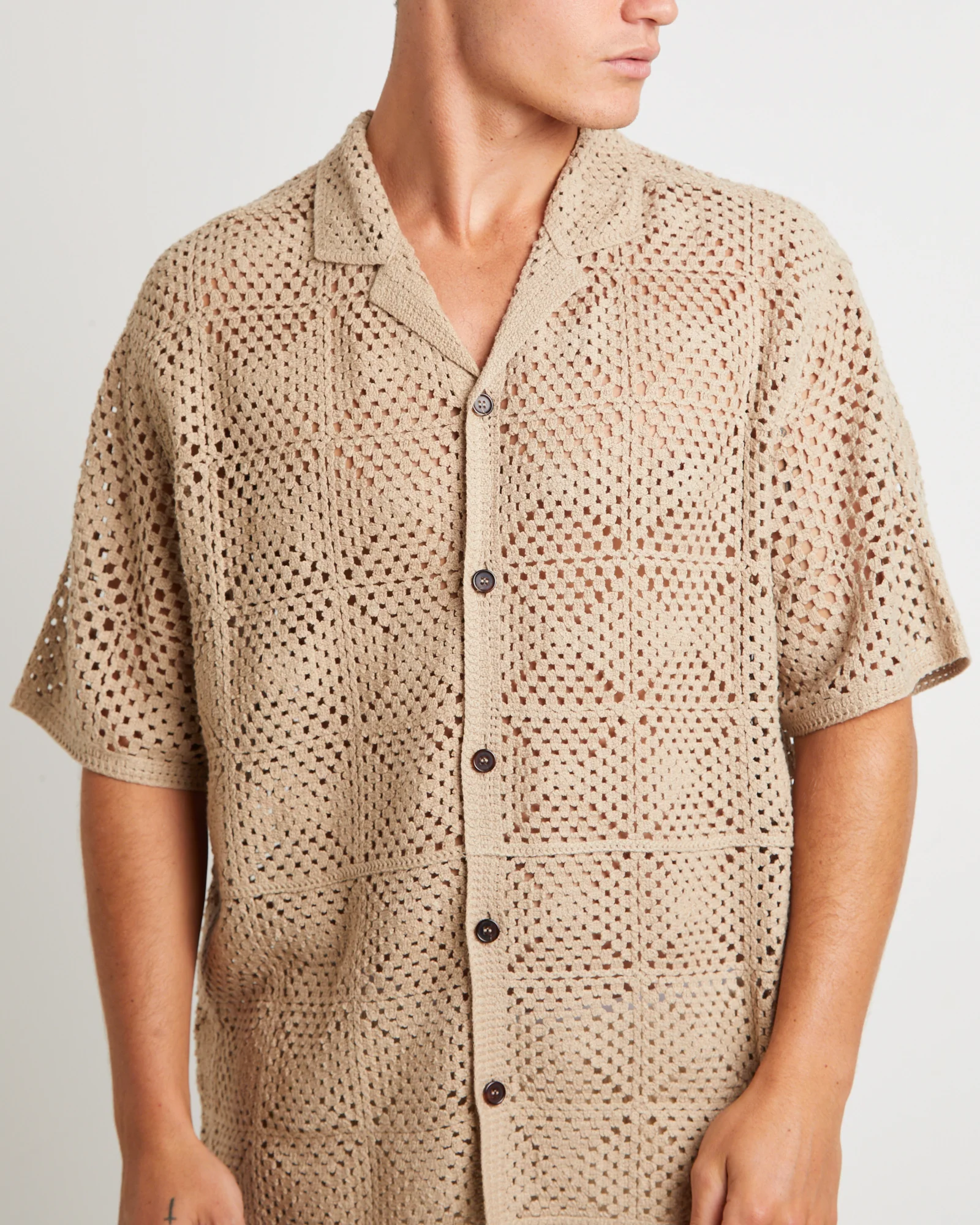 Crochet Short Sleeve Shirt in Cocoa - Image 5
