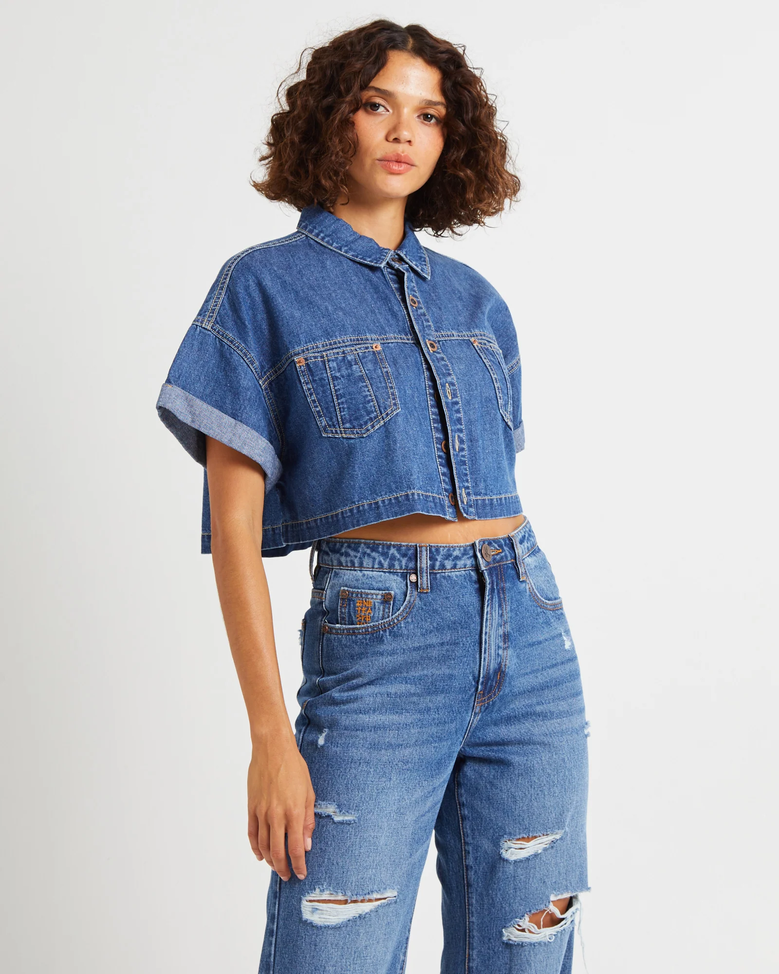 Cropped Western Denim Shirt - Image 5