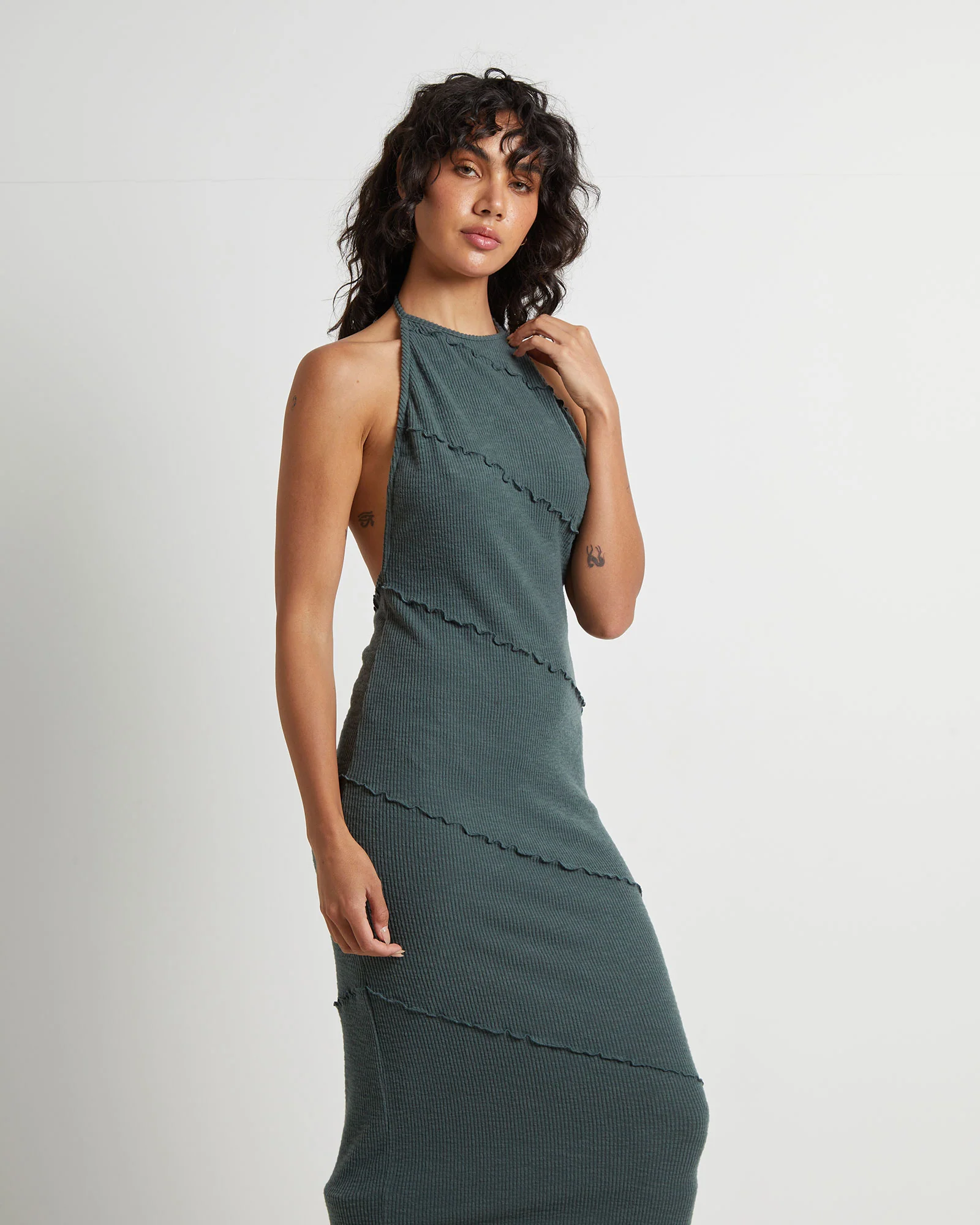 Daphne Panelled Seam Backless Halter Dress in Slate - Image 3