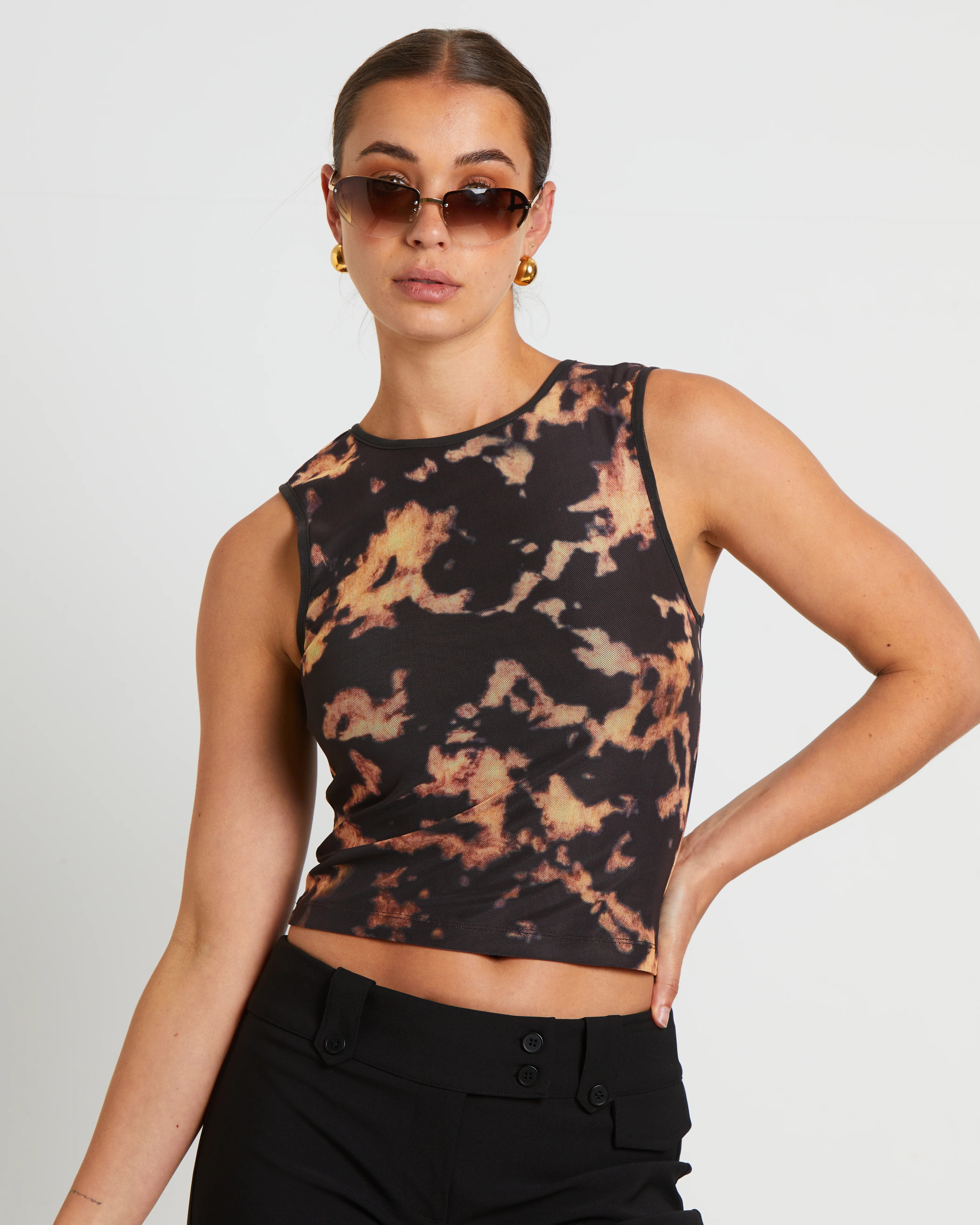 Dark Cloud Mesh Cut Off Tank Top in Brown - Image 5