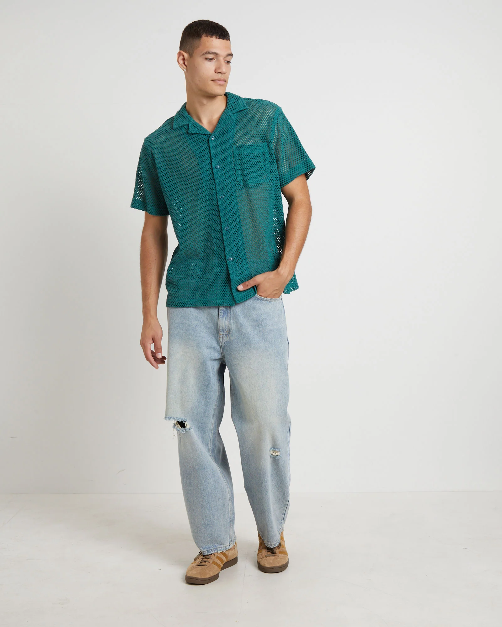 Diego Mesh Short Sleeve Shirt in Jade Green - Image 3