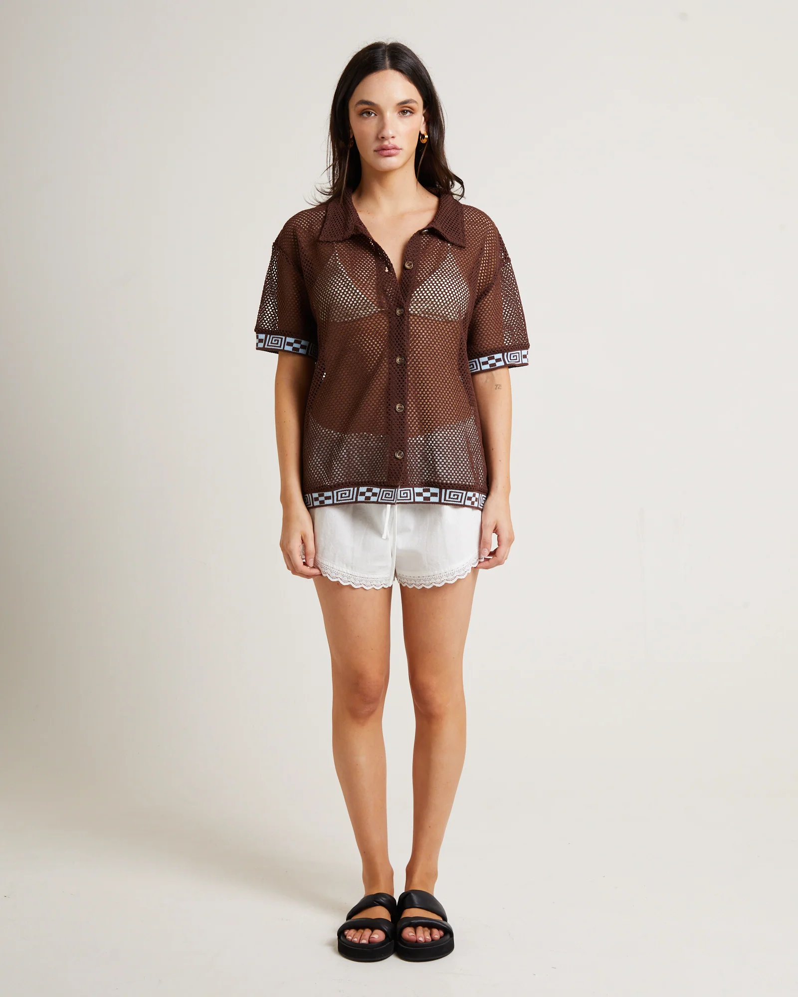 Dimension Crochet Short Sleeve Shirt in Chocolate - Image 3