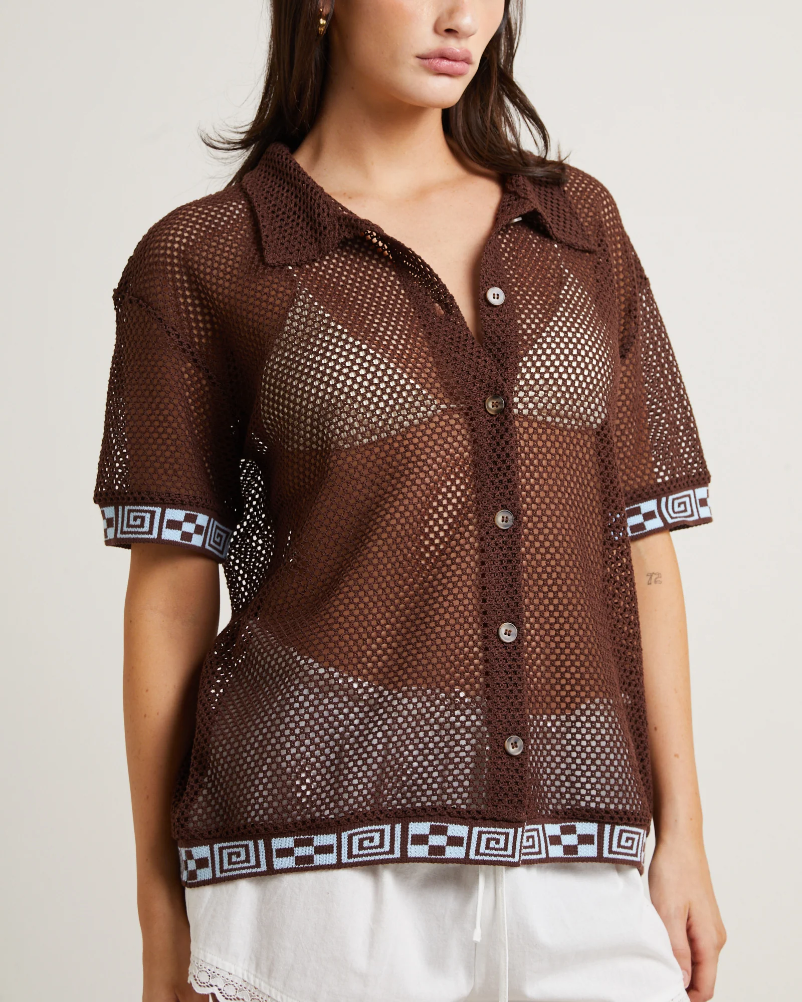 Dimension Crochet Short Sleeve Shirt in Chocolate - Image 5