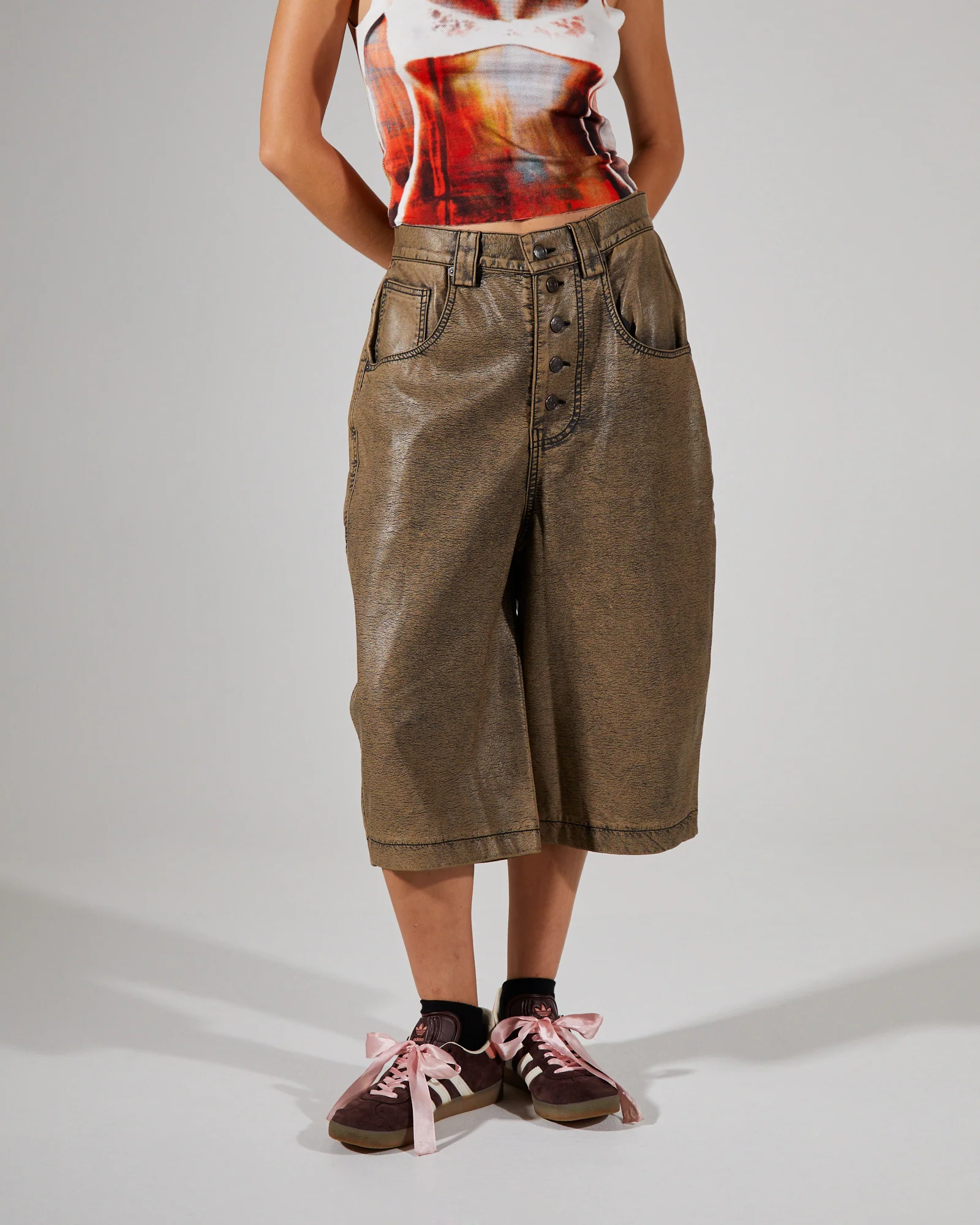Distressed PU Jorts Brown - Image 2