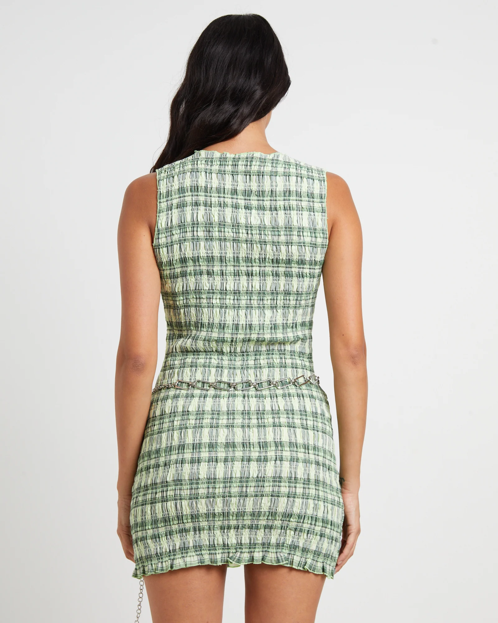 Drew Check Shirred Mini Dress in Lime - Image 2