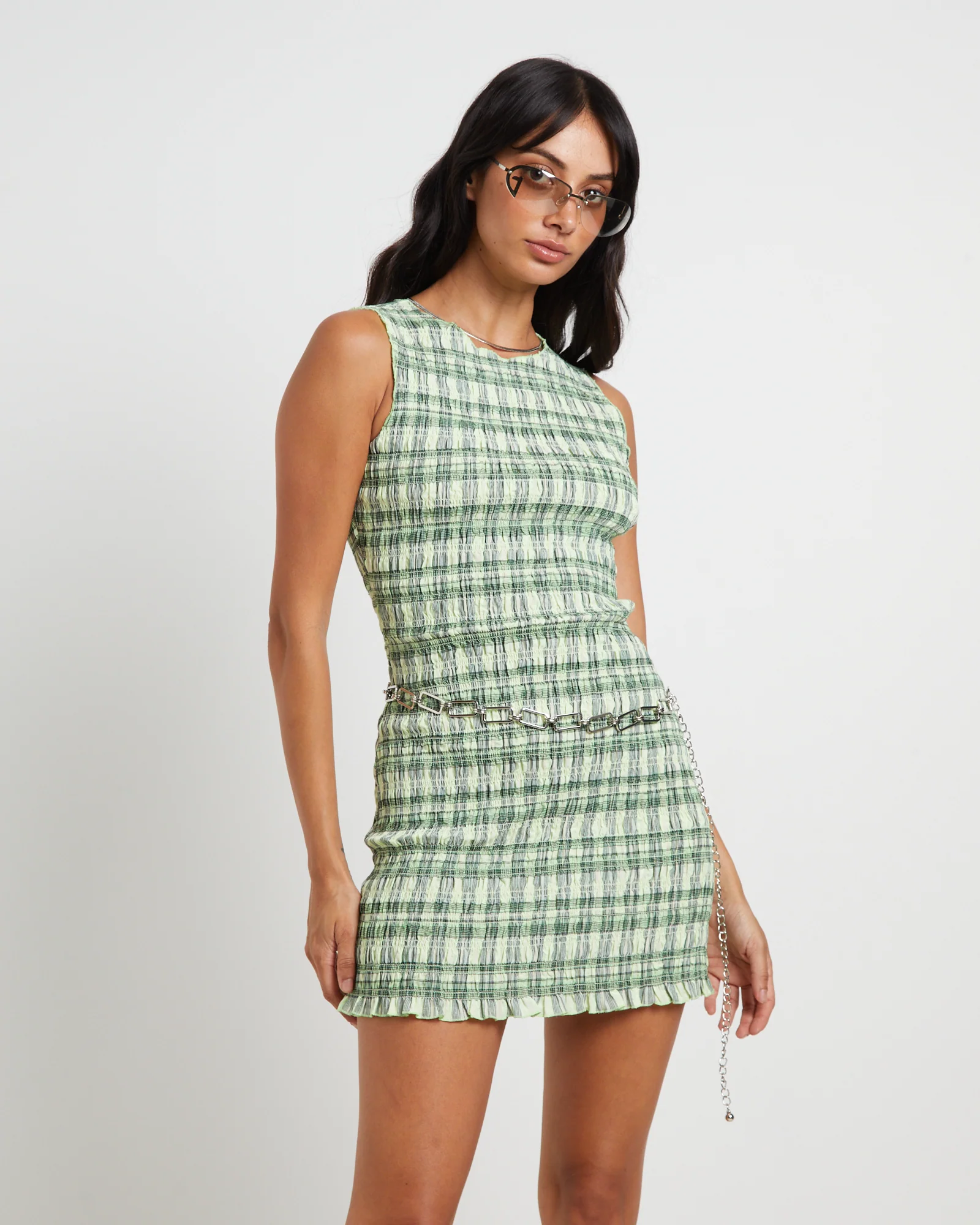 Drew Check Shirred Mini Dress in Lime - Image 3