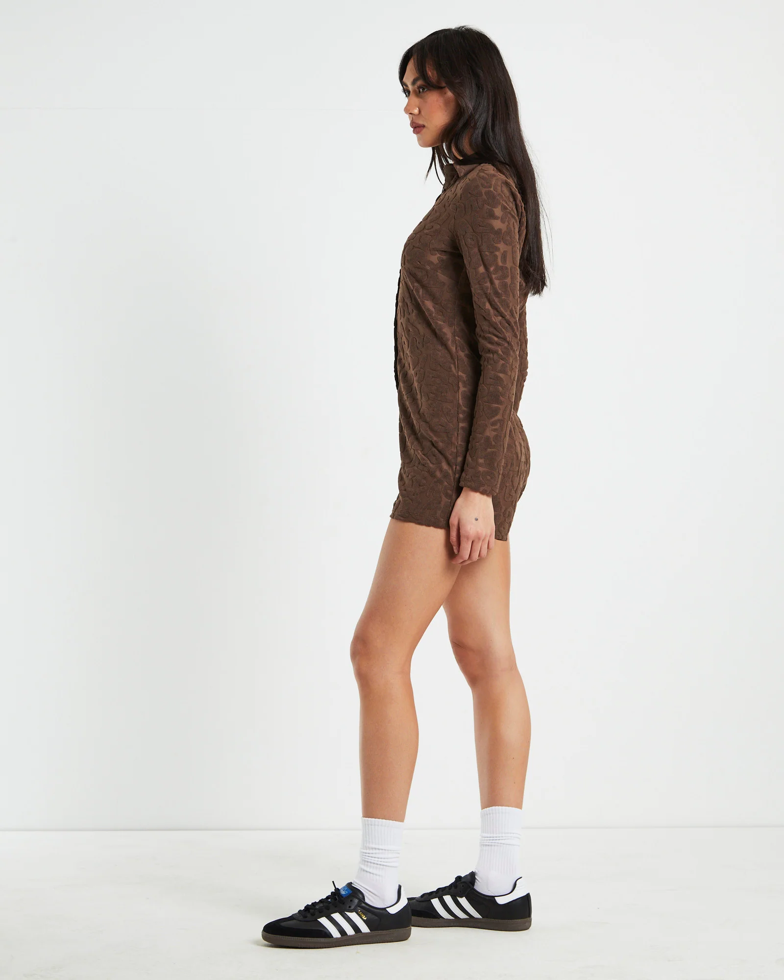 Elori Jacquard Terry Long Sleeve Romper in Brown - Image 4