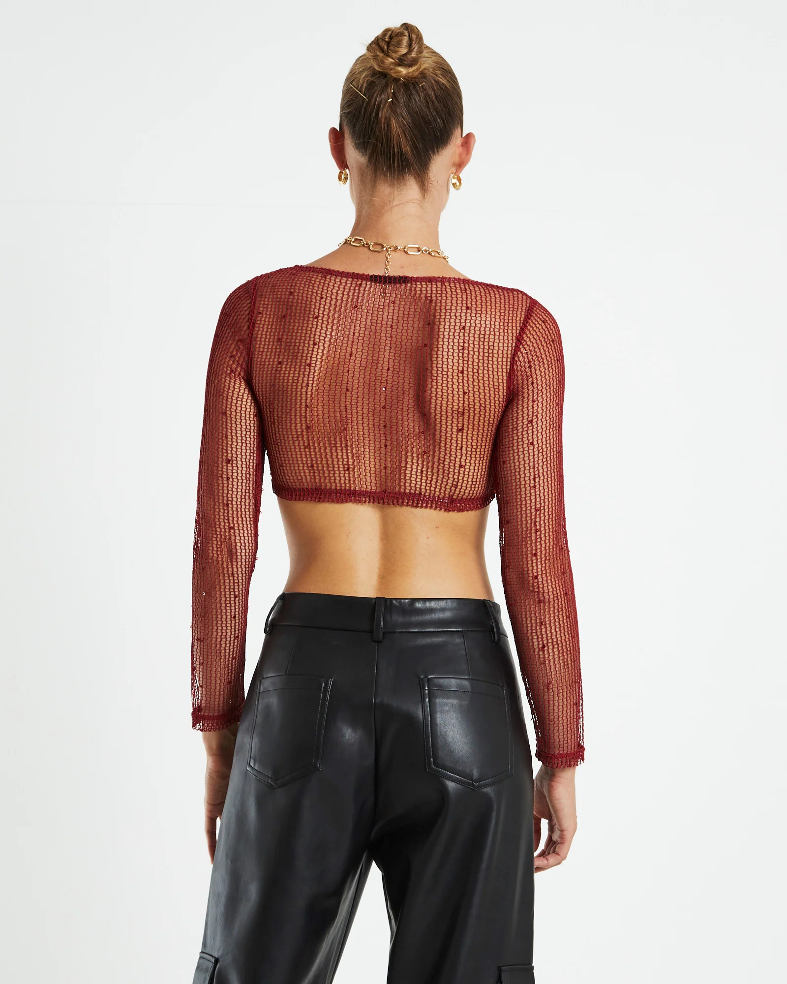 Emery Shimmer Mesh Long Sleeve Top Garnet Red - Image 2