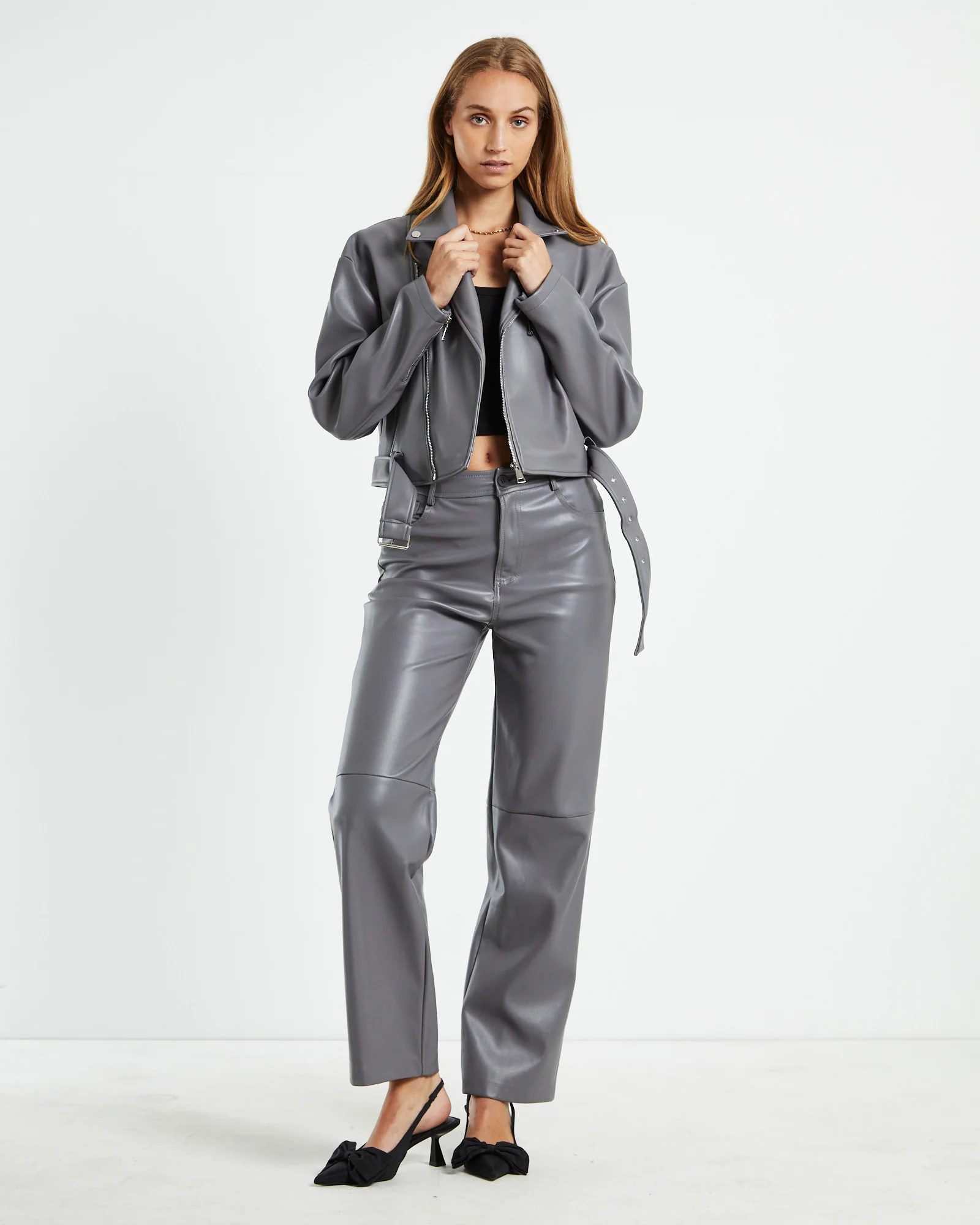 Enya Boxy PU Biker Jacket Grey - Image 3