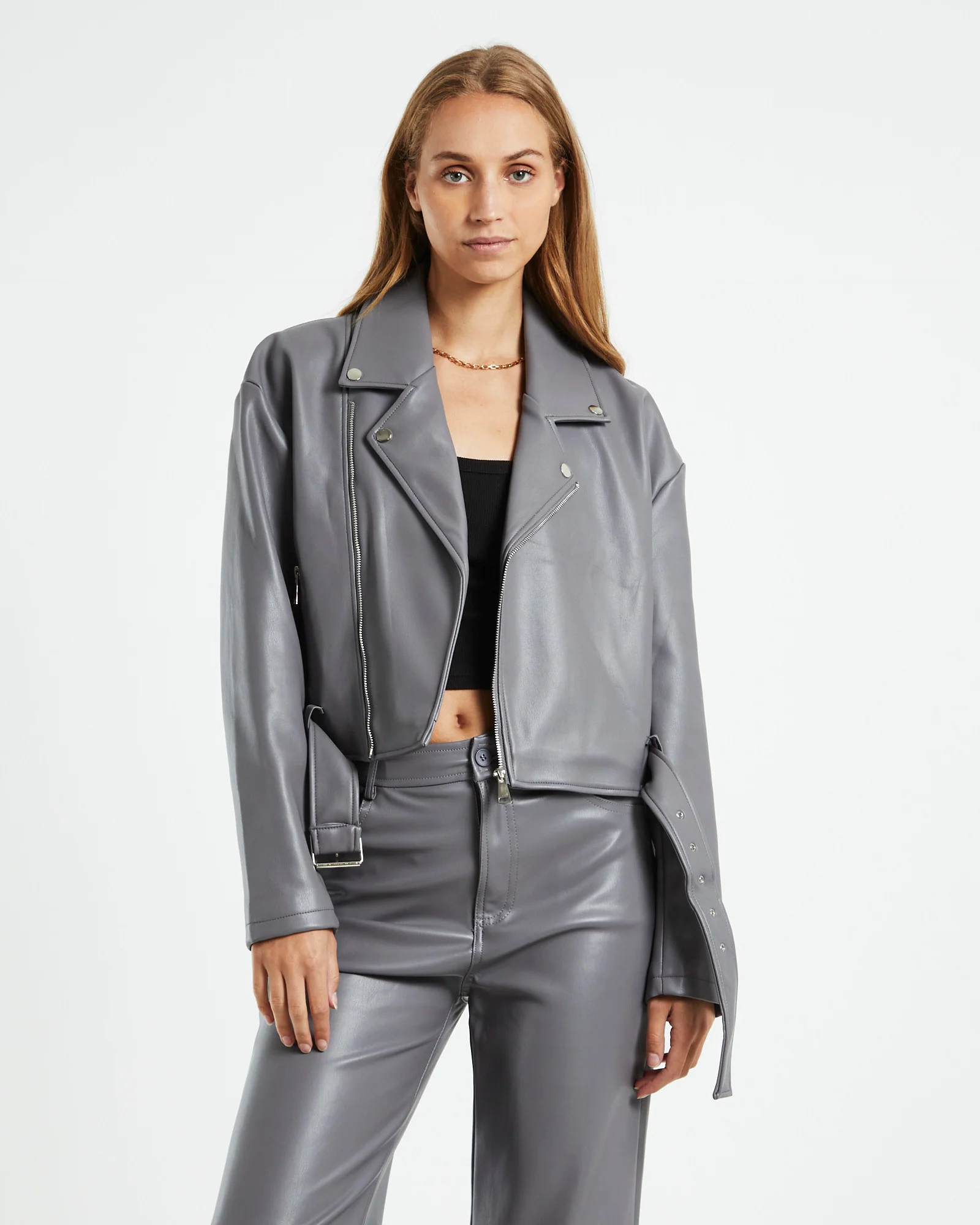 Enya Boxy PU Biker Jacket Grey - Image 5