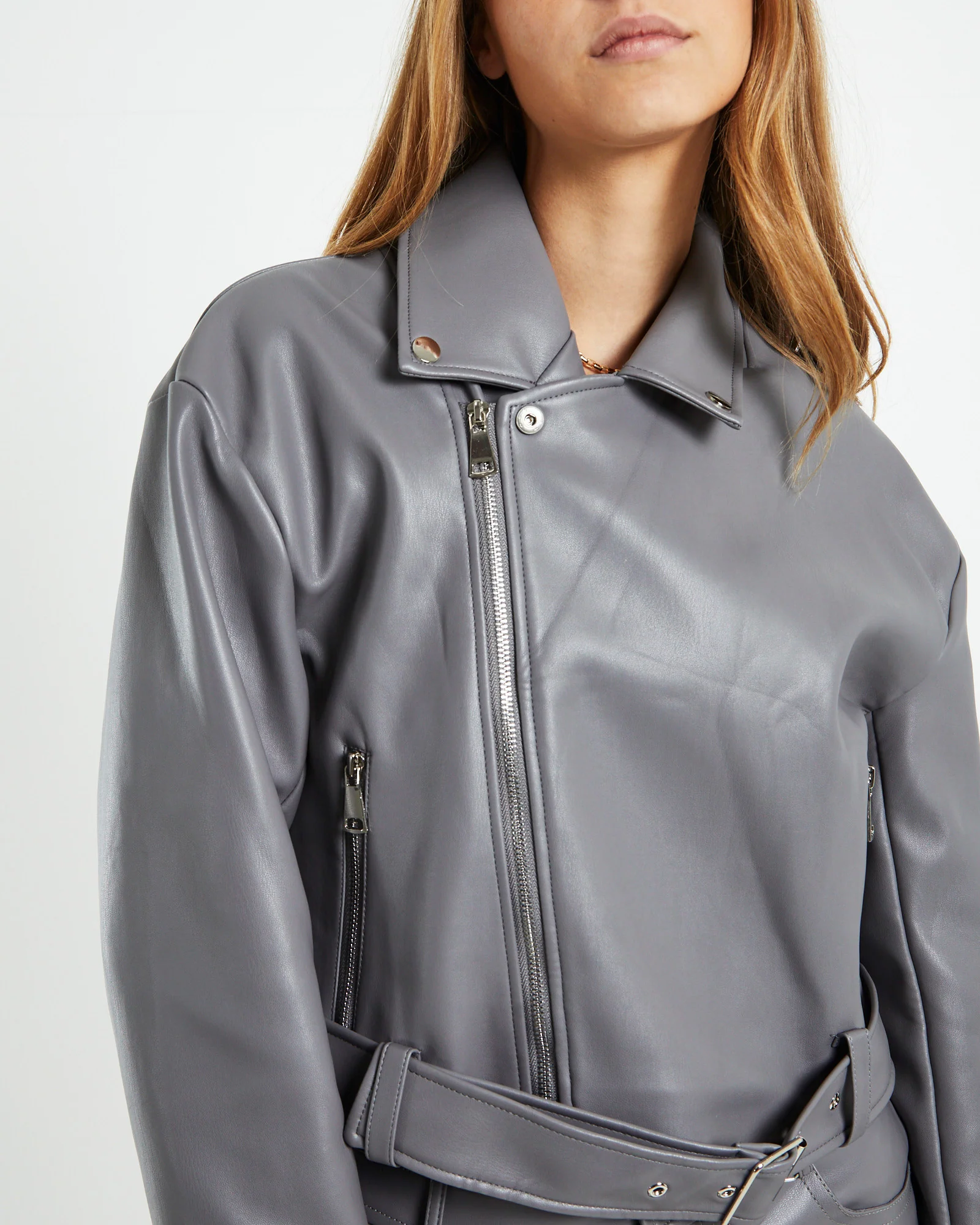 Enya Boxy PU Biker Jacket Grey - Image 6
