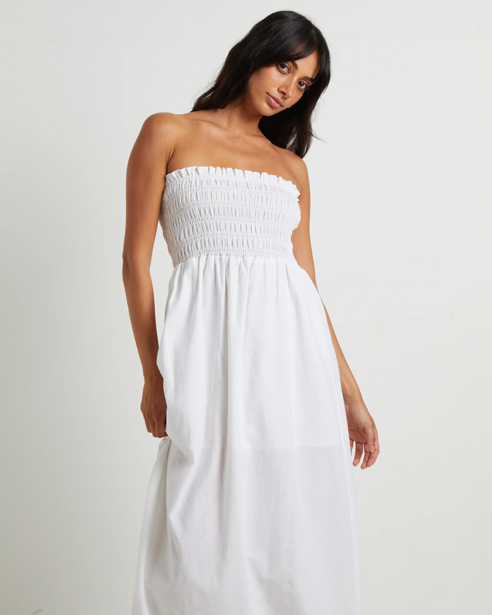 Esme Shirred Bandeau Maxi Dress in White - Image 4