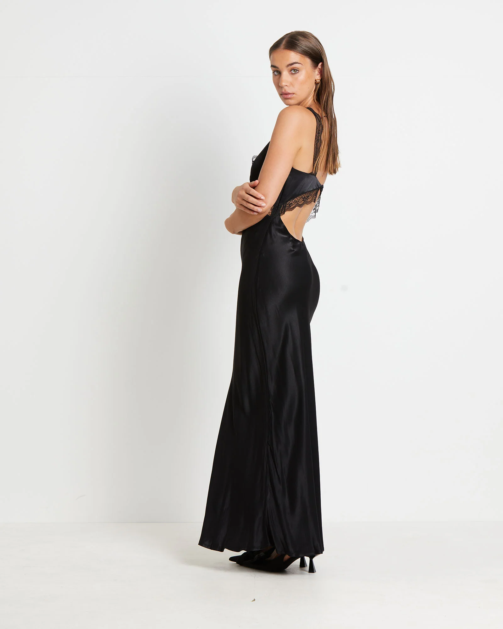 Everleigh Lace Slip Midi Dress in Black - Image 4