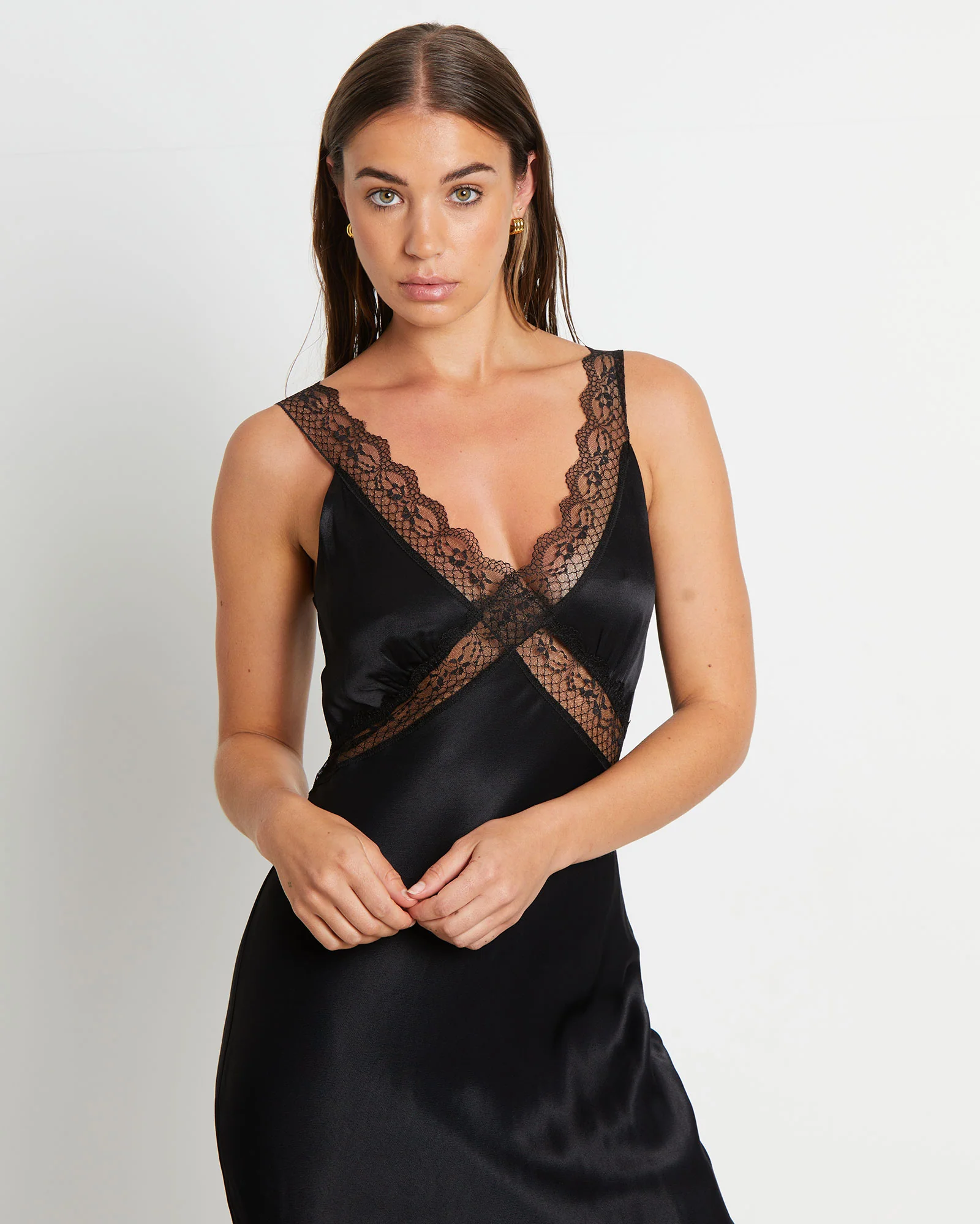 Everleigh Lace Slip Midi Dress in Black - Image 5