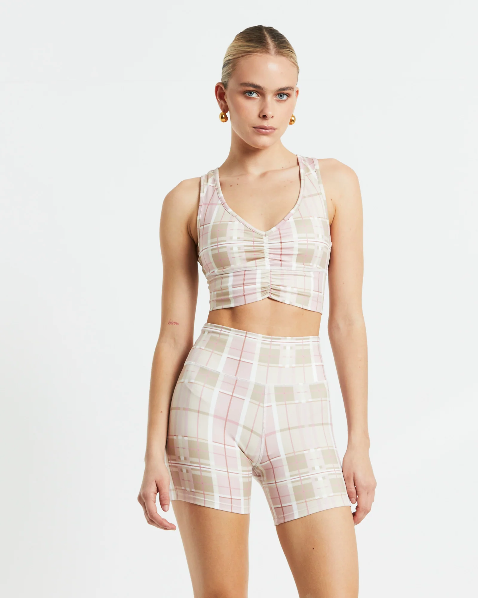 Gather Front Crop Top in Pink Check - Image 5