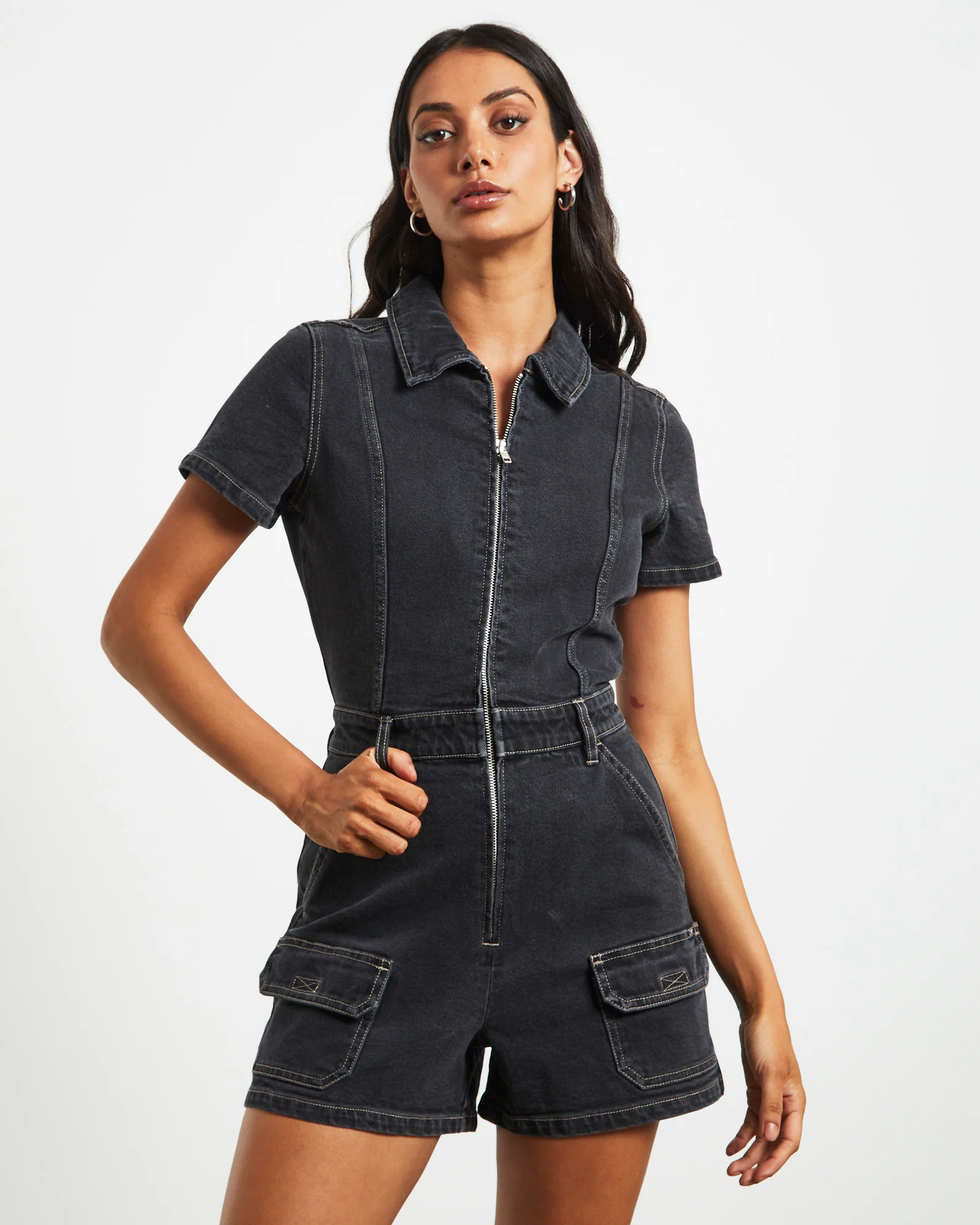 Georgia Denim Romper in Black - Image 2