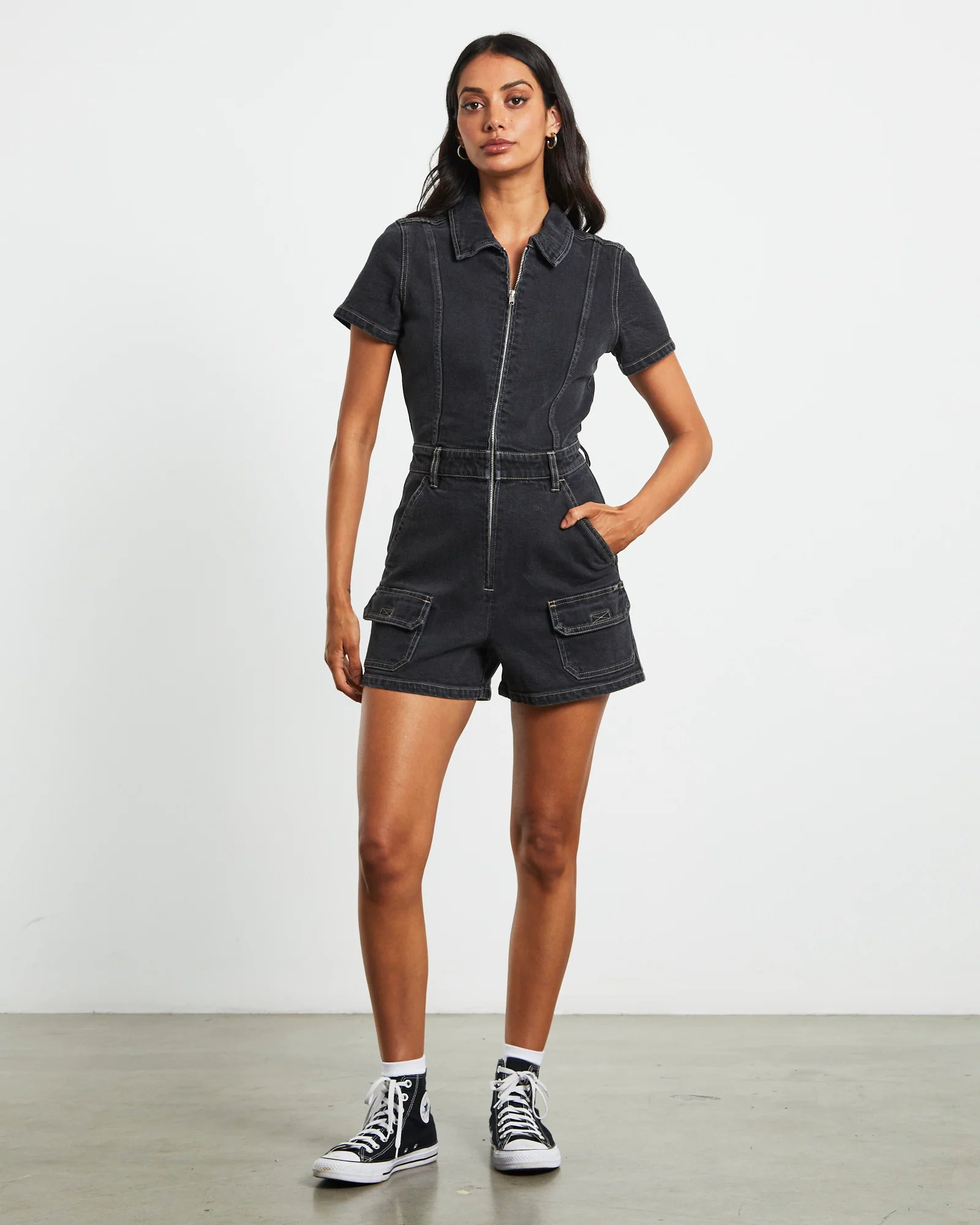 Georgia Denim Romper in Black - Image 4