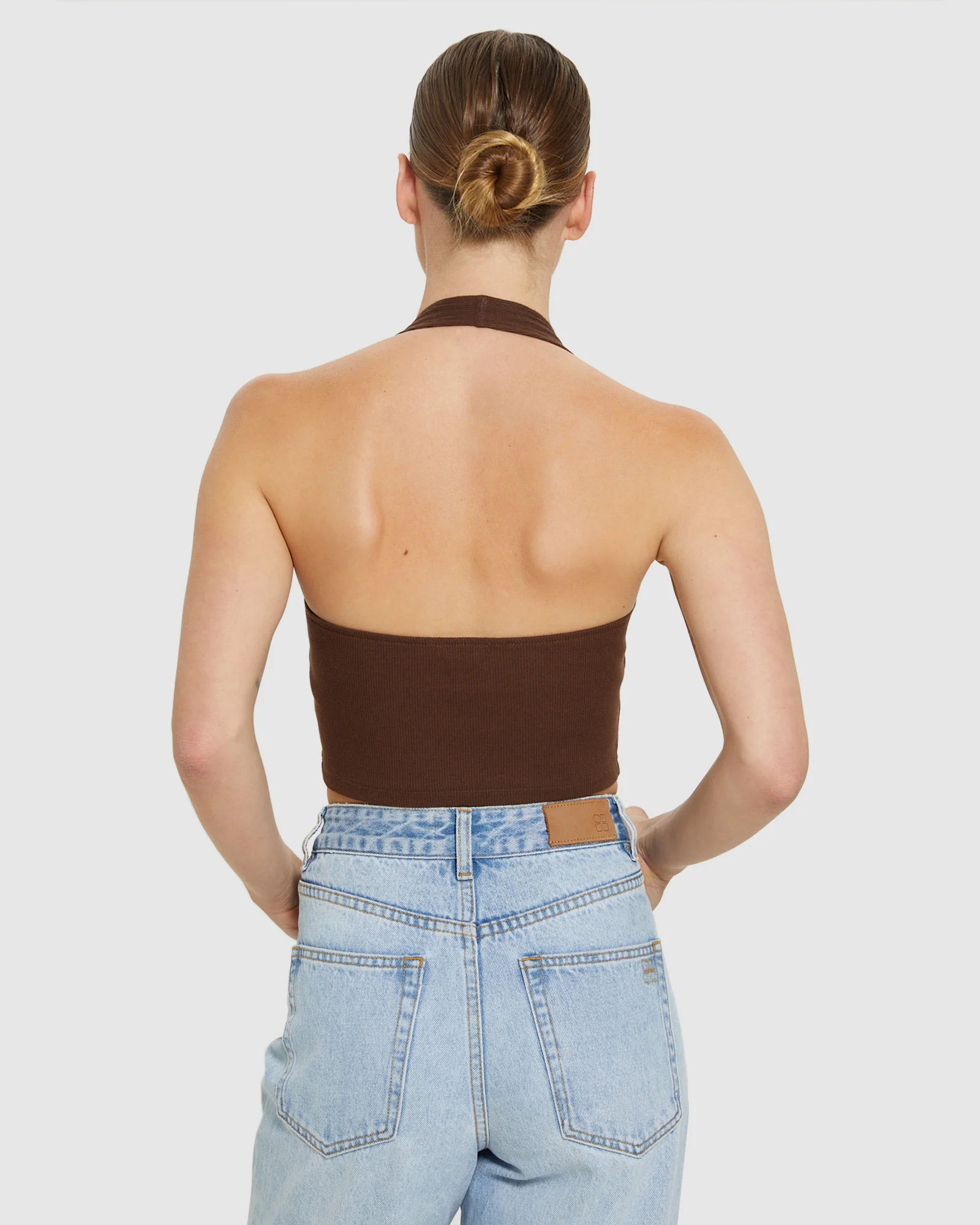 Halter Neck Rib Crop Top Chocolate Brown - Image 2
