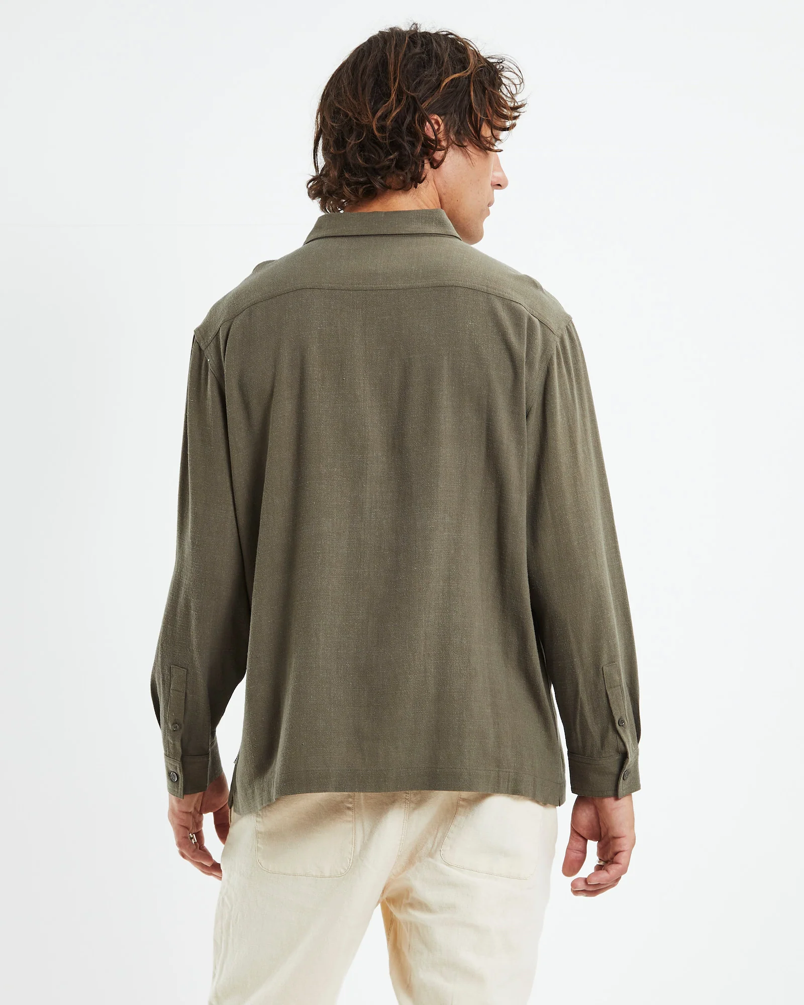 Harrison Linen Long Sleeve Shirt Olive Green - Image 2