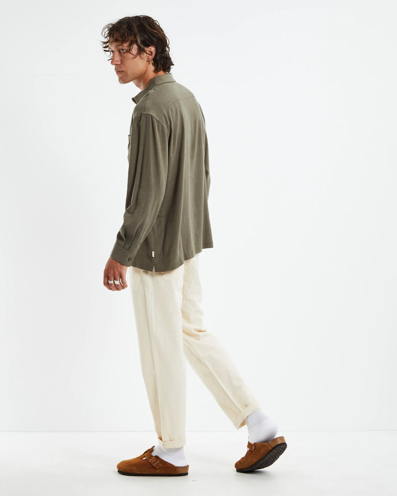 Harrison Linen Long Sleeve Shirt Olive Green - Image 4