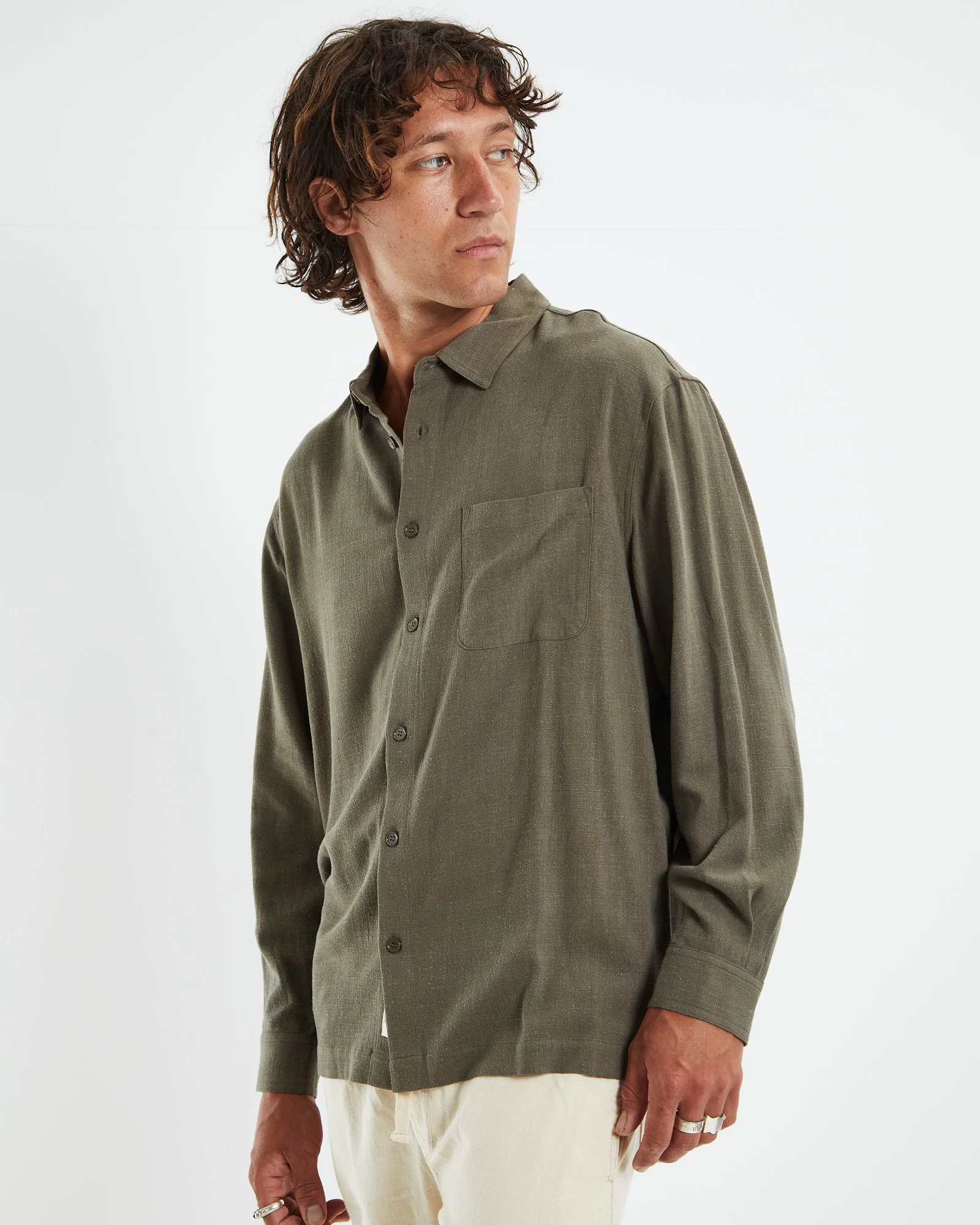 Harrison Linen Long Sleeve Shirt Olive Green - Image 5