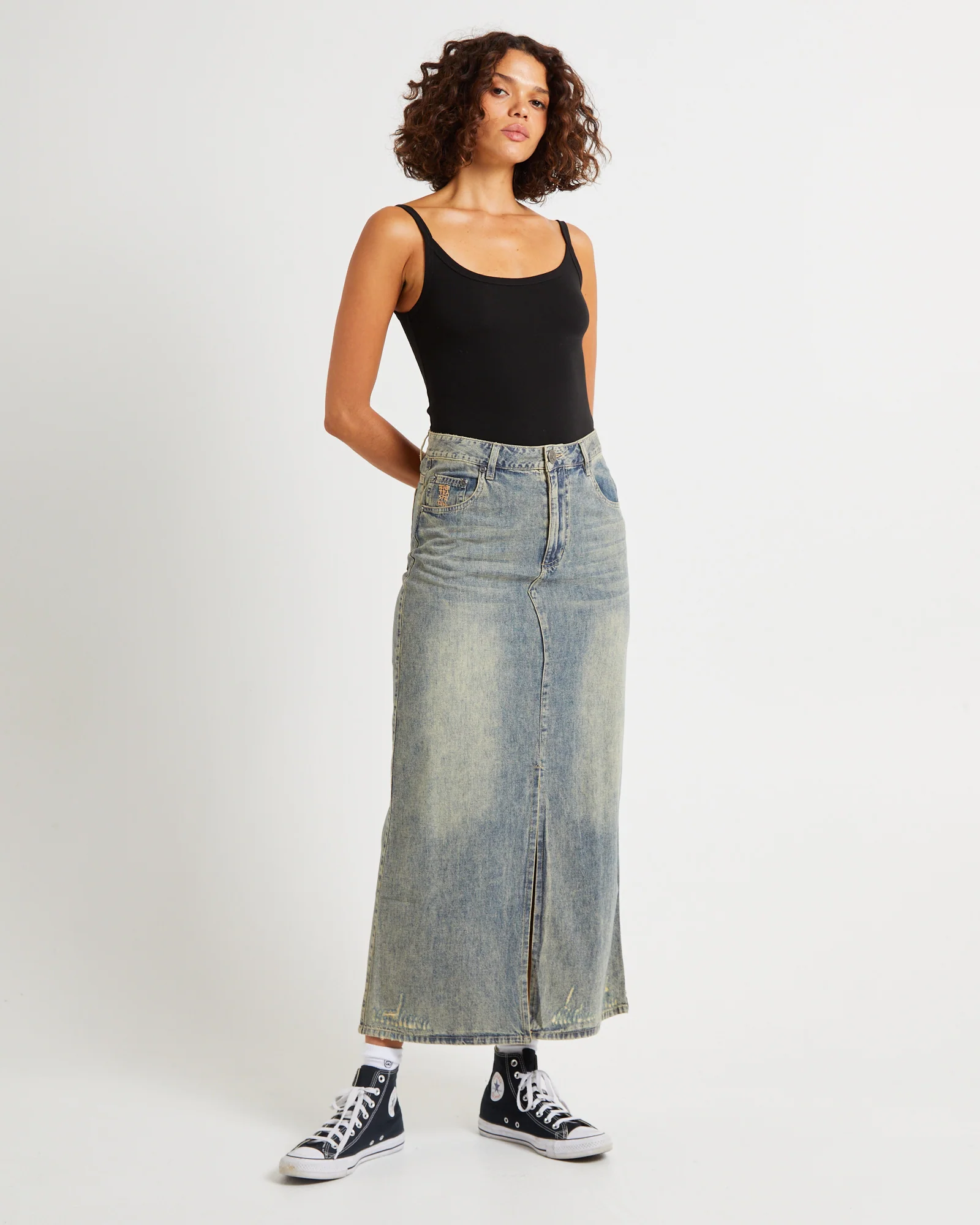 High Waisted Denim Column Skirt Dirty - Image 3