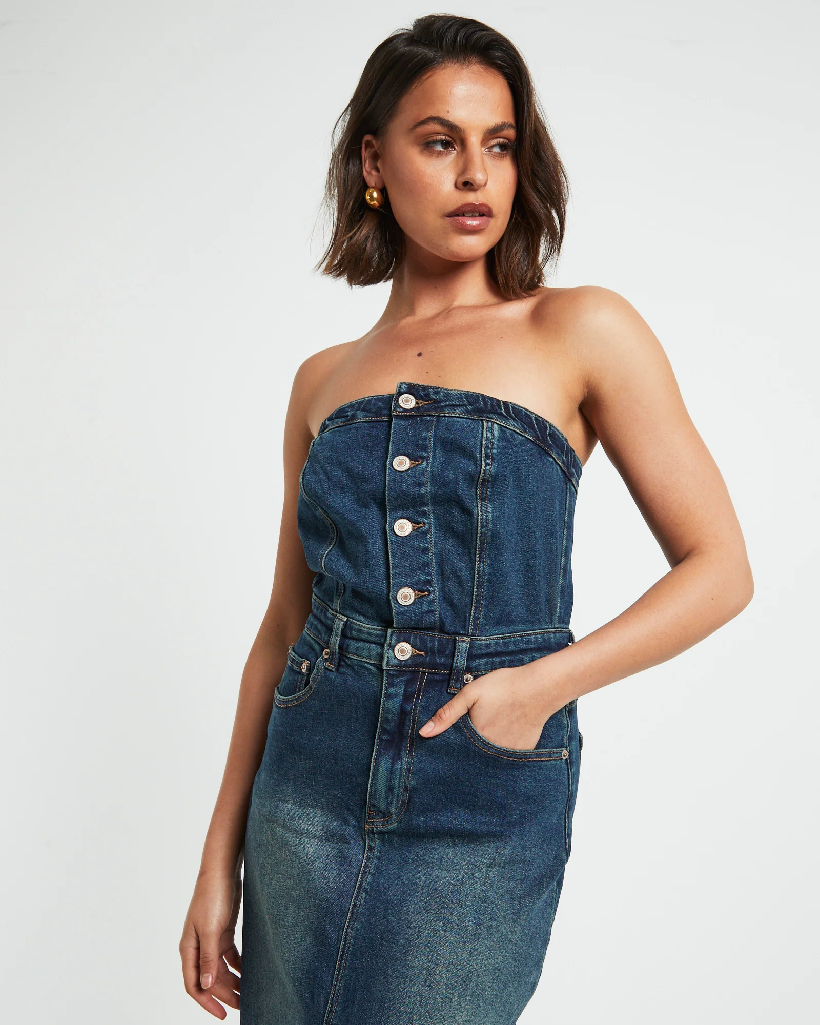 Howdy Denim Tube Midi Dress in Vintage Blue - Image 6