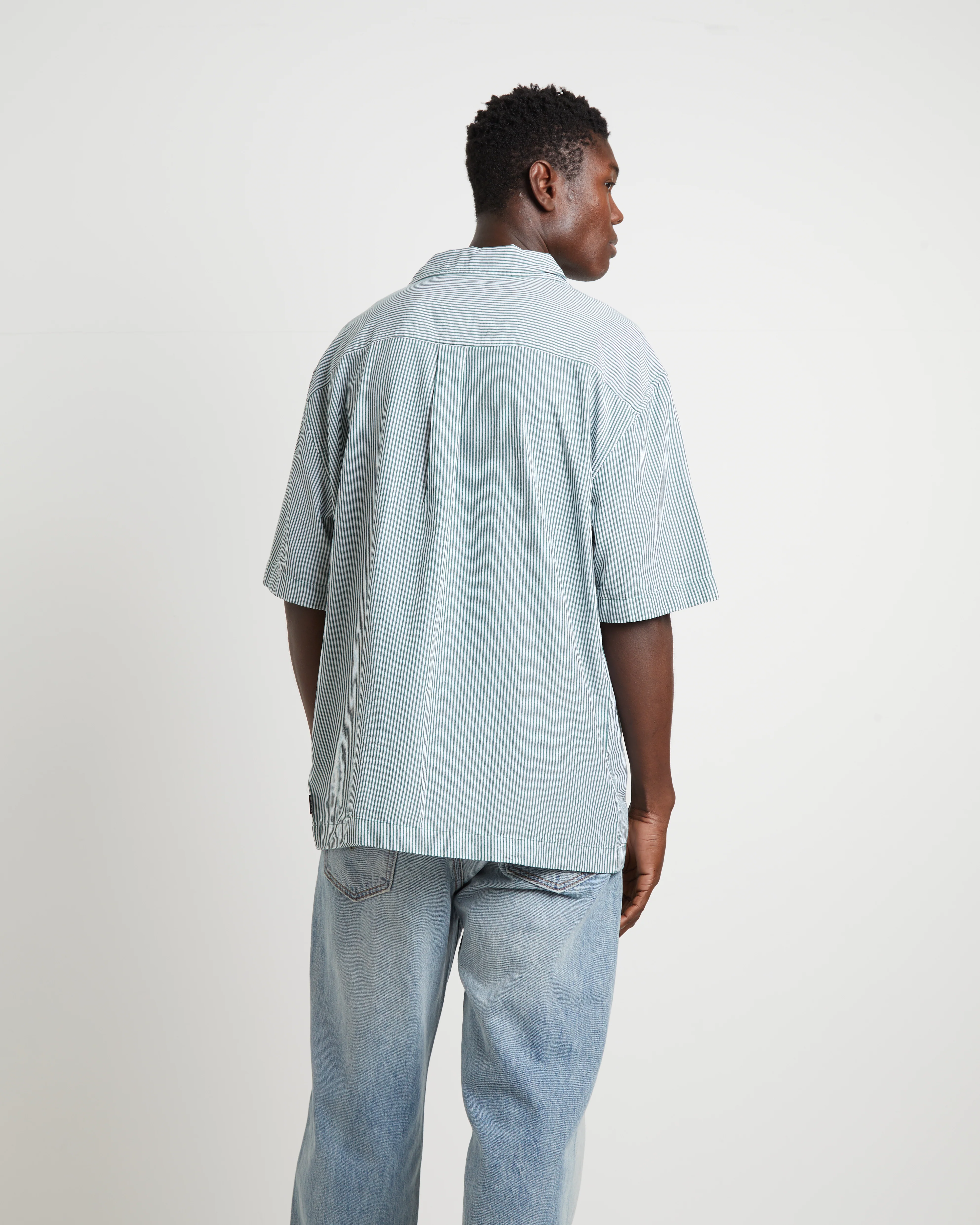 Intergalactic Cuban Short Sleeve Shirt in Emerald Stripe Green - Image 2