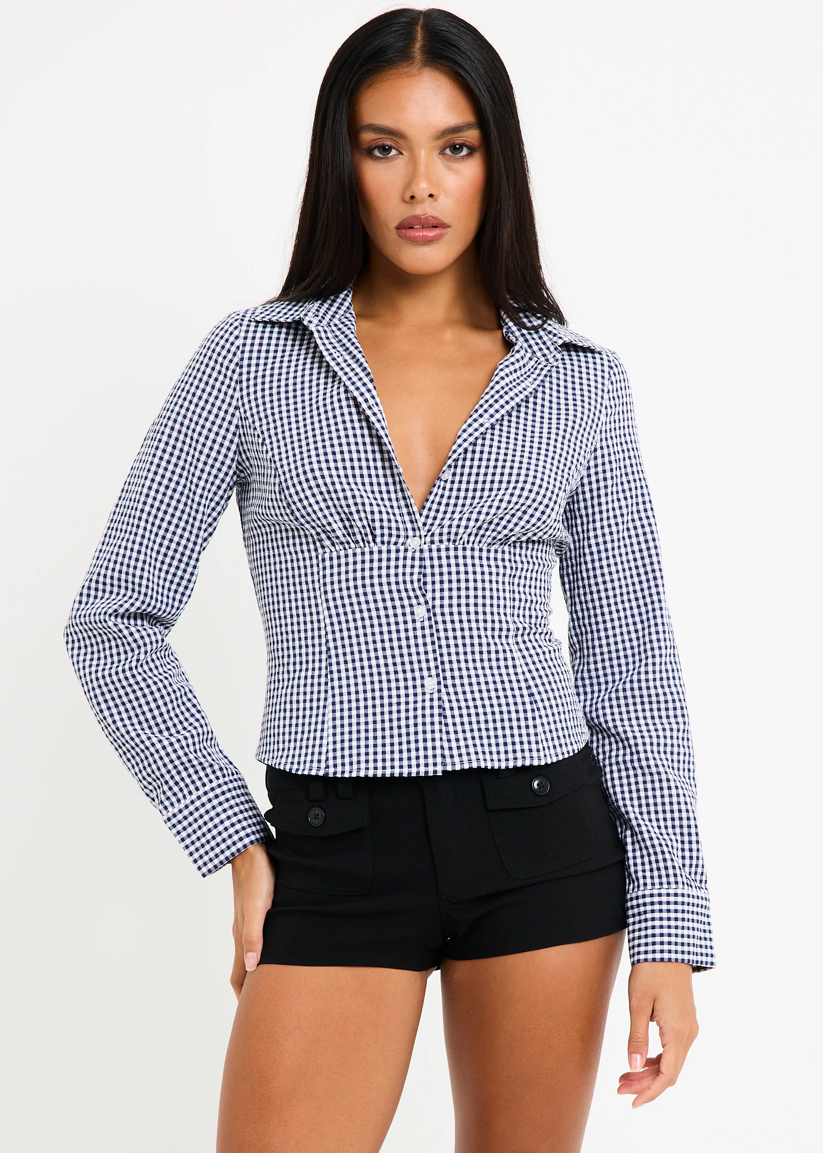 Isha Check Button Down Long Sleeve  Shirt - Image 5