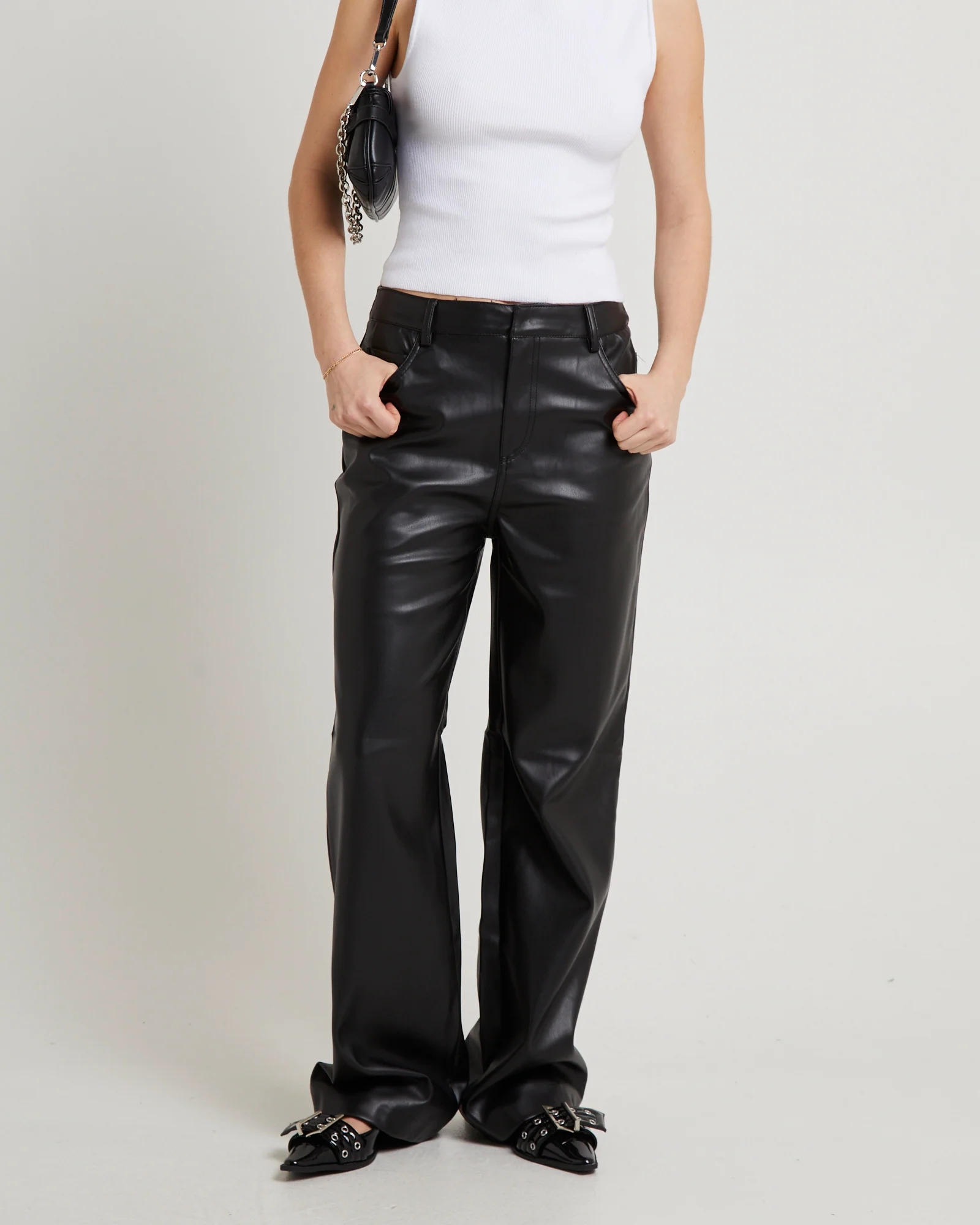 Jadey Relaxed PU Pants Black - Image 4