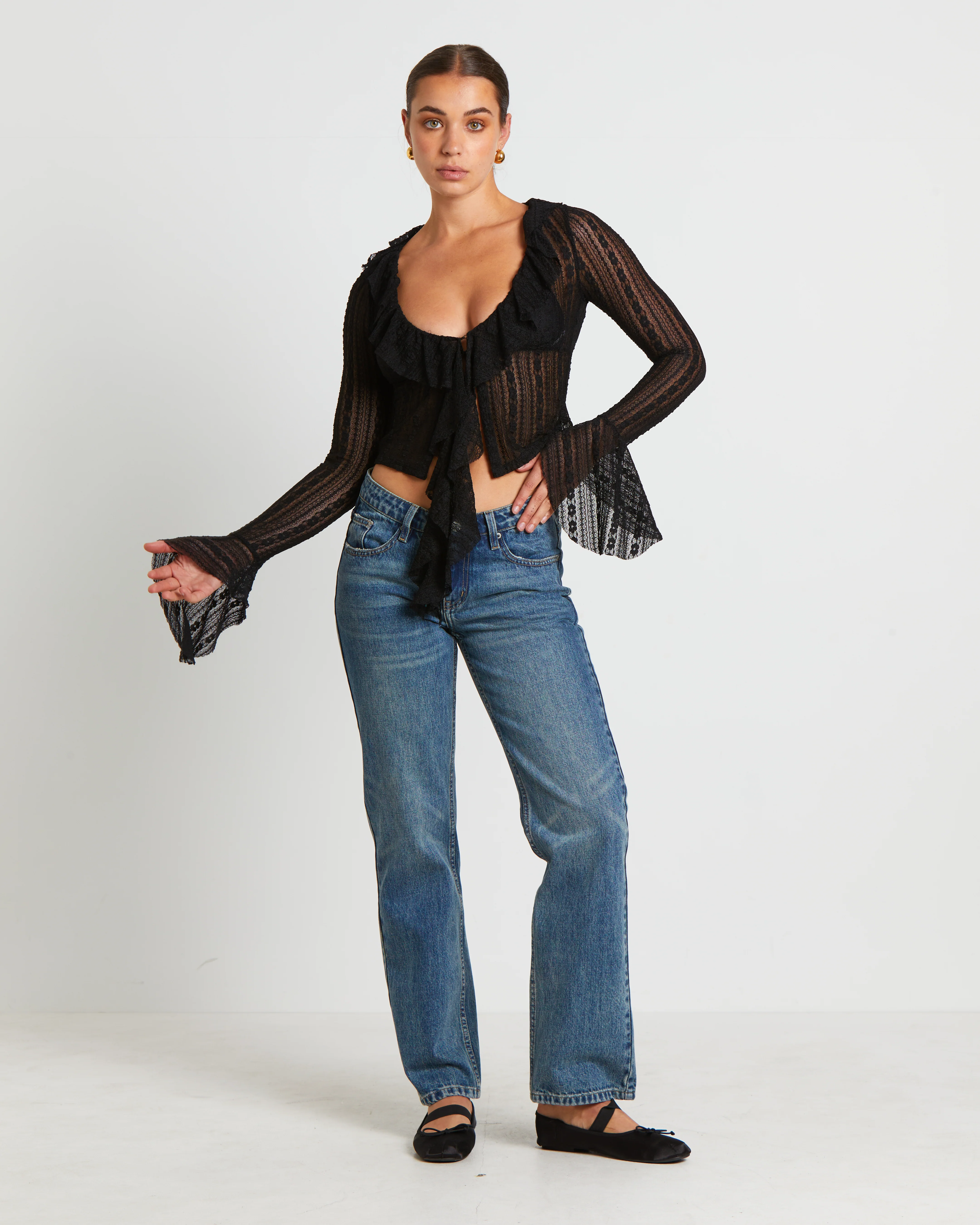 Janie Fairy Core Lace Plunge Shirt in Black - Image 3