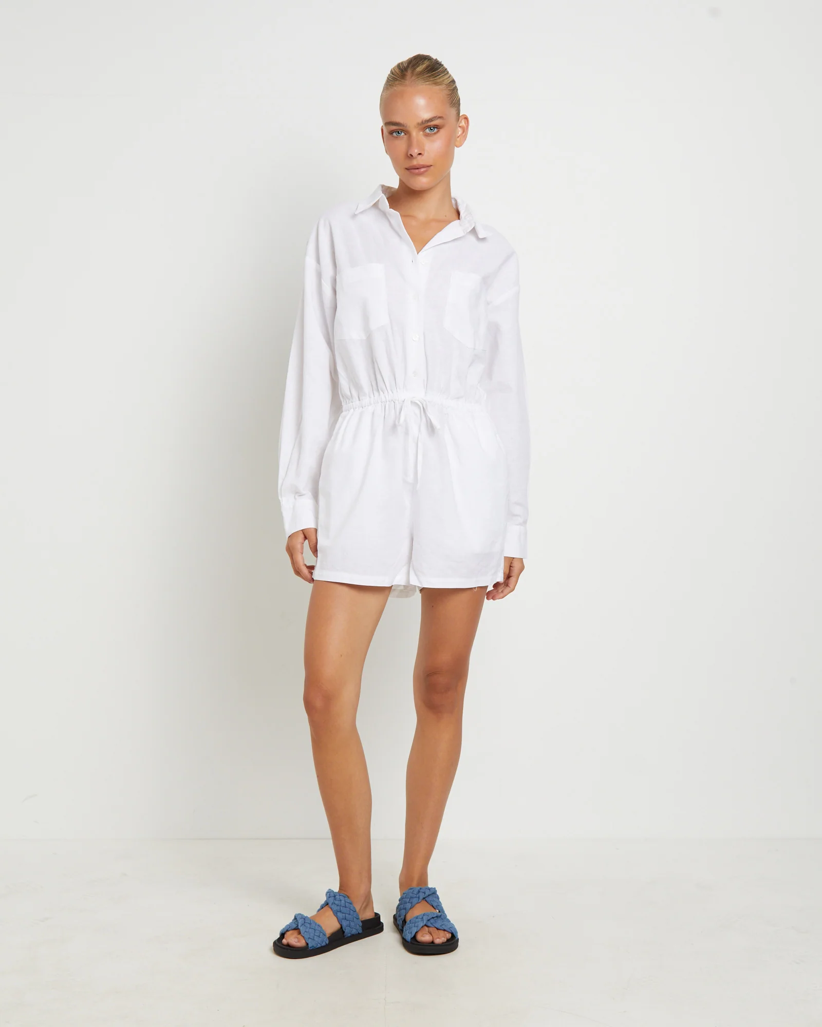 Joslin Boxy Long Sleeve Shirt Playsuit in White - Image 3