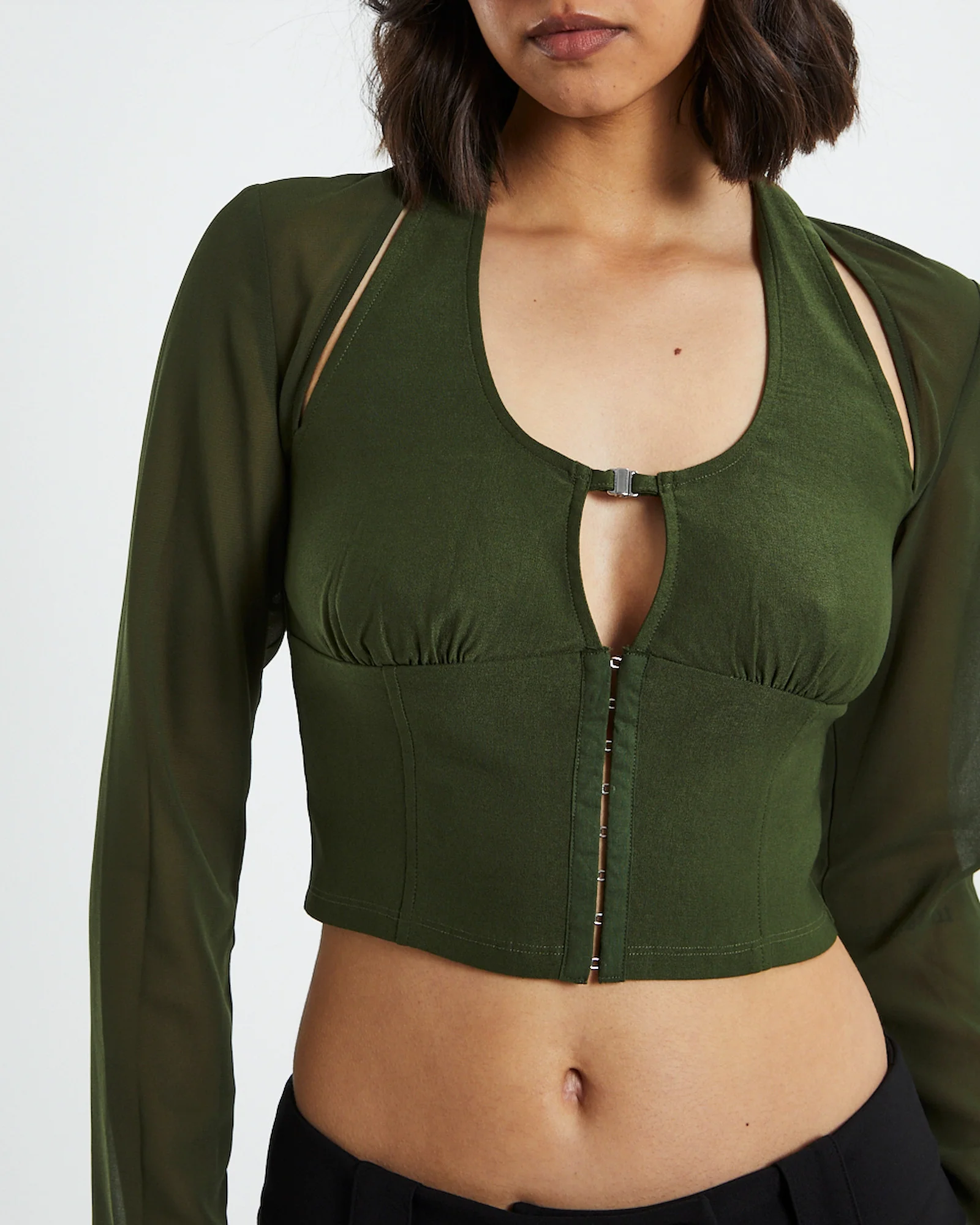 Kamali Hook Front Long Sleeve Halter Top Green - Image 6